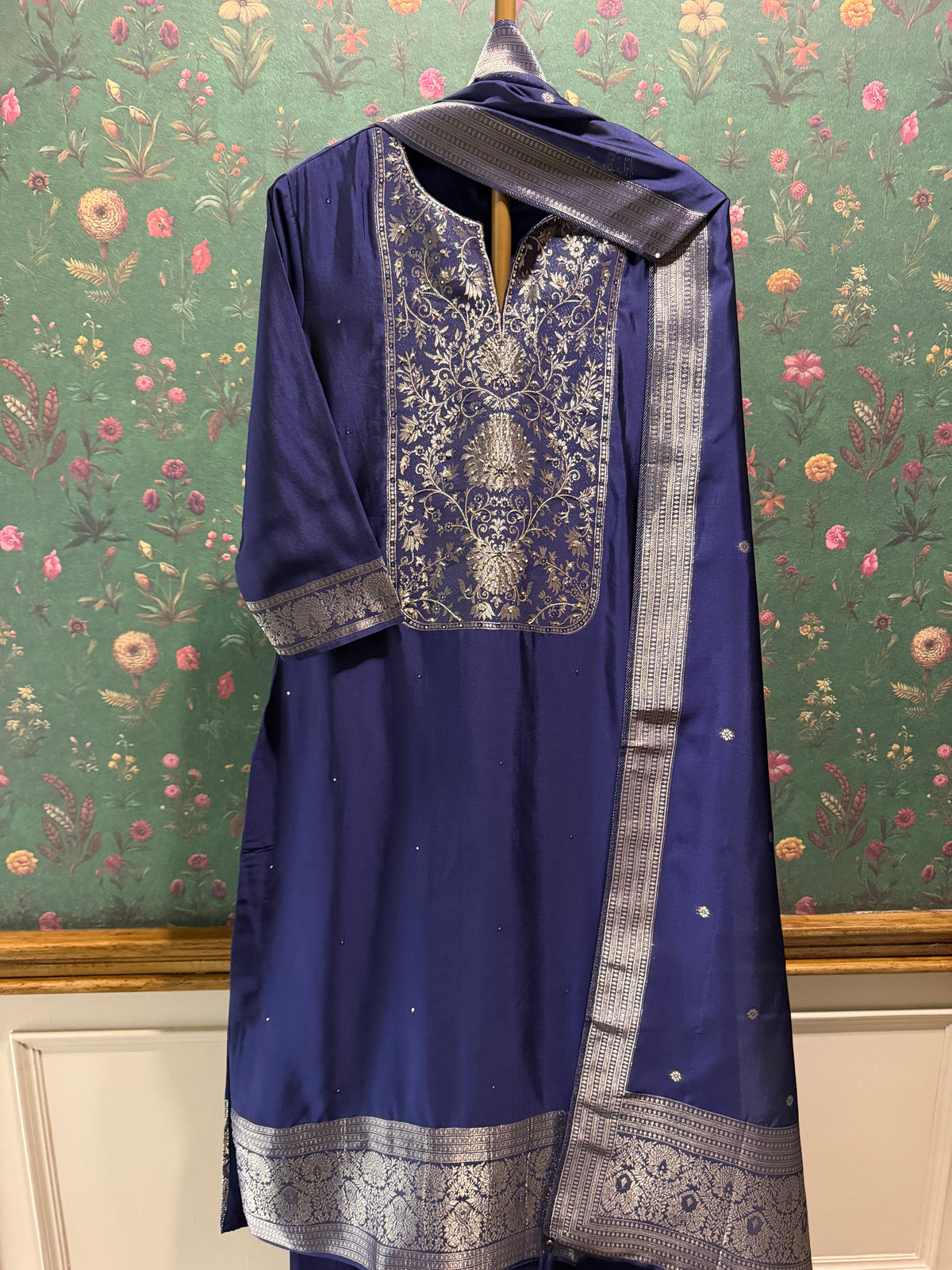 Midnight Blue Dola Silk Zari Embroidered Suit Set