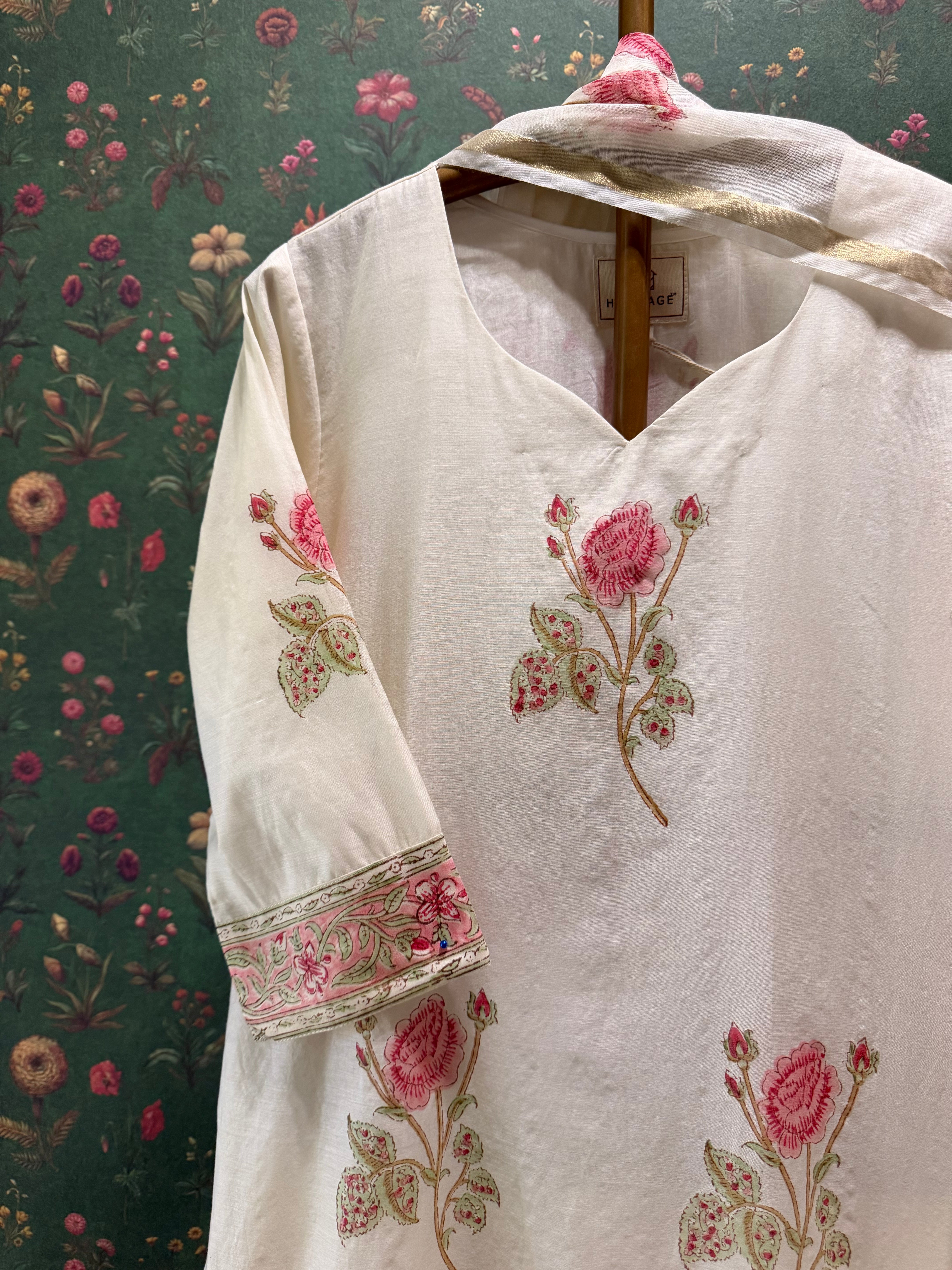 Ivory White Rose Printed Chanderi Suit Set | HER-759