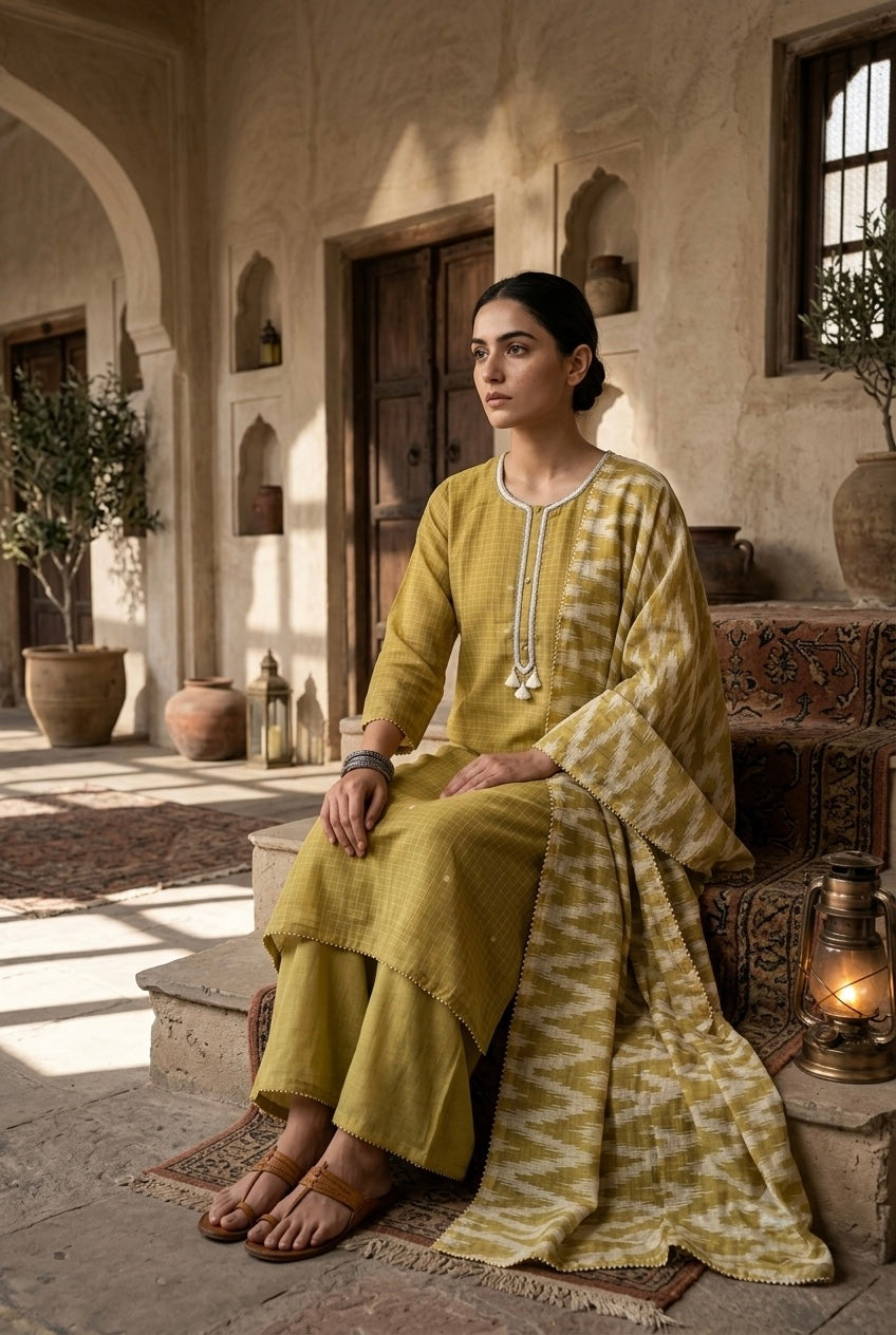 Olive Mustard Handwoven Check Pure Chanderi Suit Set