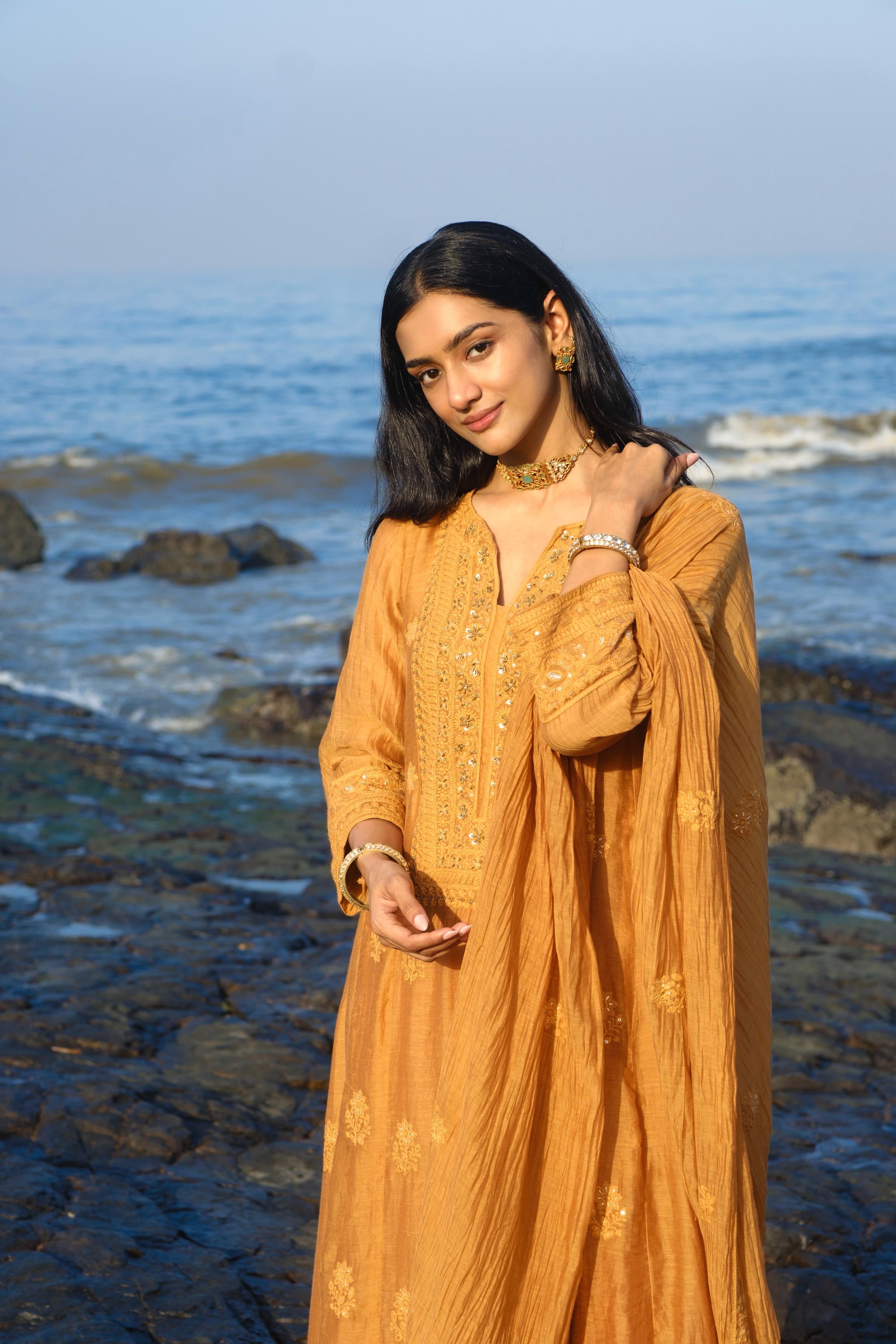 Ochre Yellow Chikankari A-Line Mul Chanderi Suit Set | HER-626