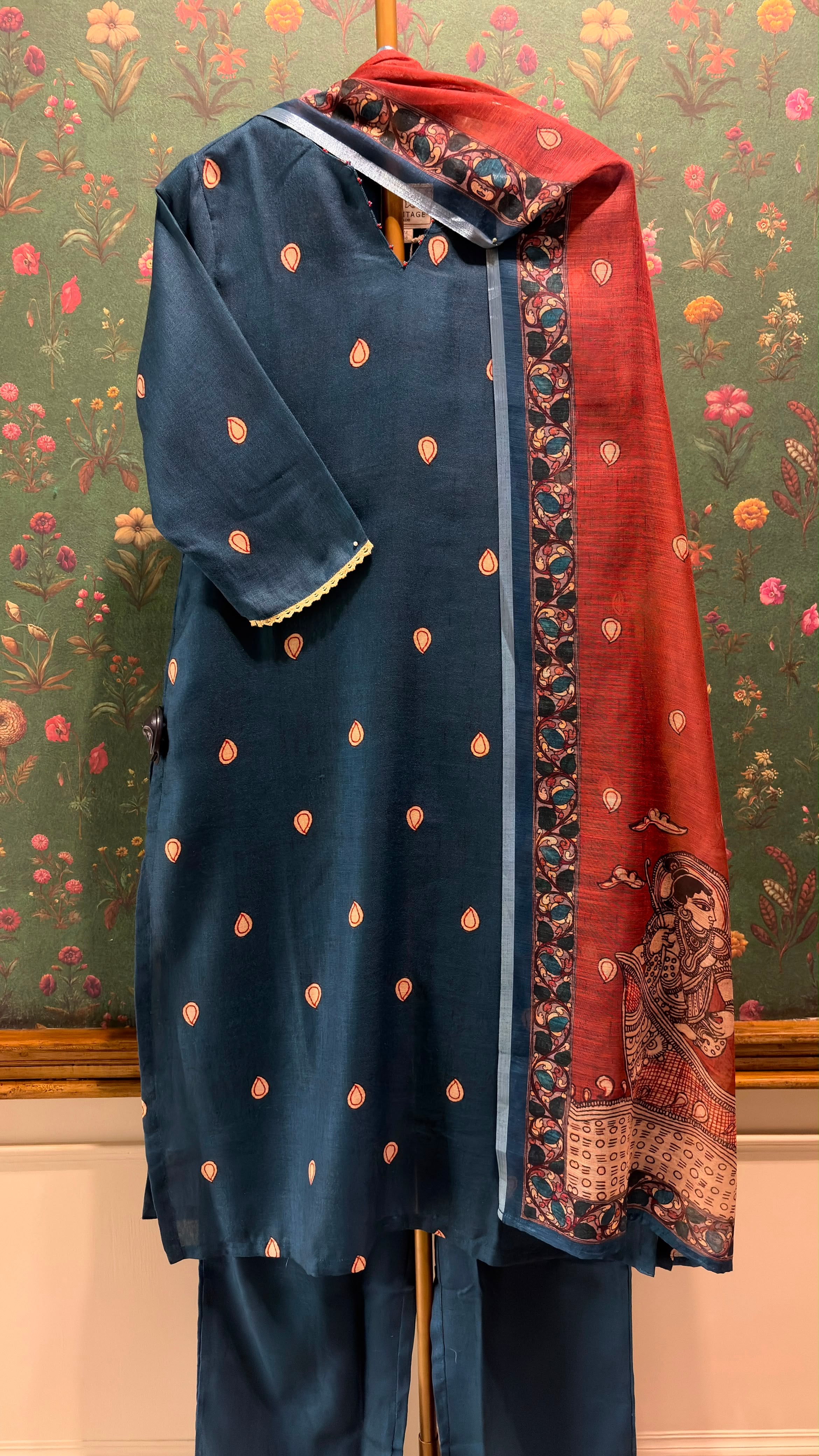 Teal Blue Madhubani Cotton Suit Set | HER-642