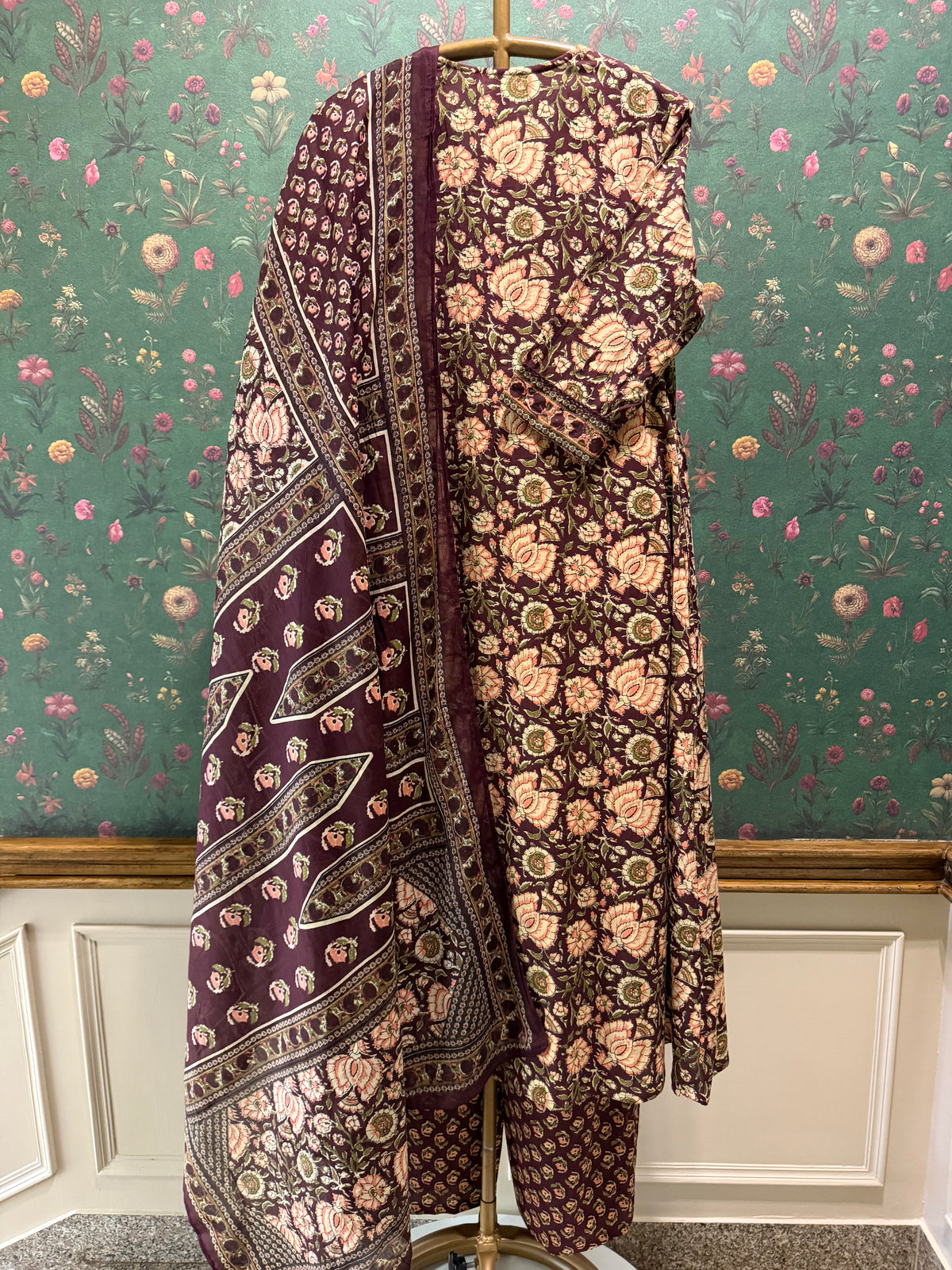 Deep Plum Floral Printed Cotton A-Line Suit Set | HER-714
