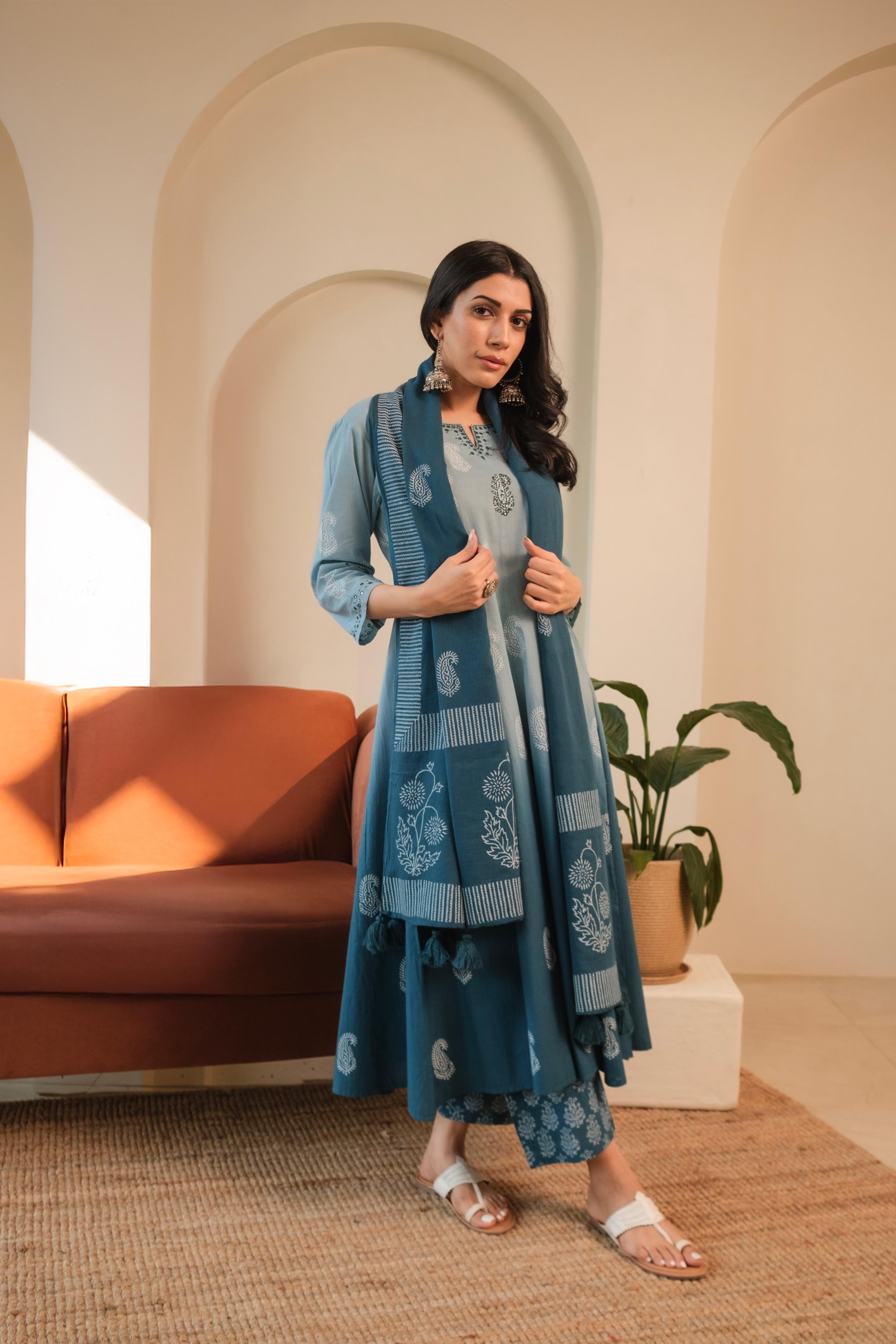 Ombré Blue A-Line Suit Set, with Palazzo Pants | HER-545