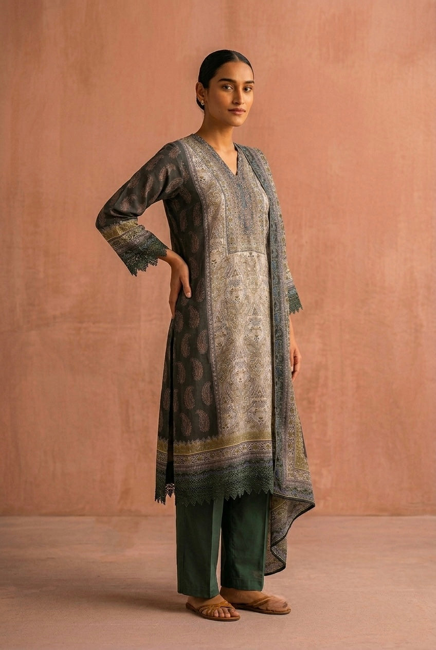 Moss Green Pure Crepe Suit Set | HER-633
