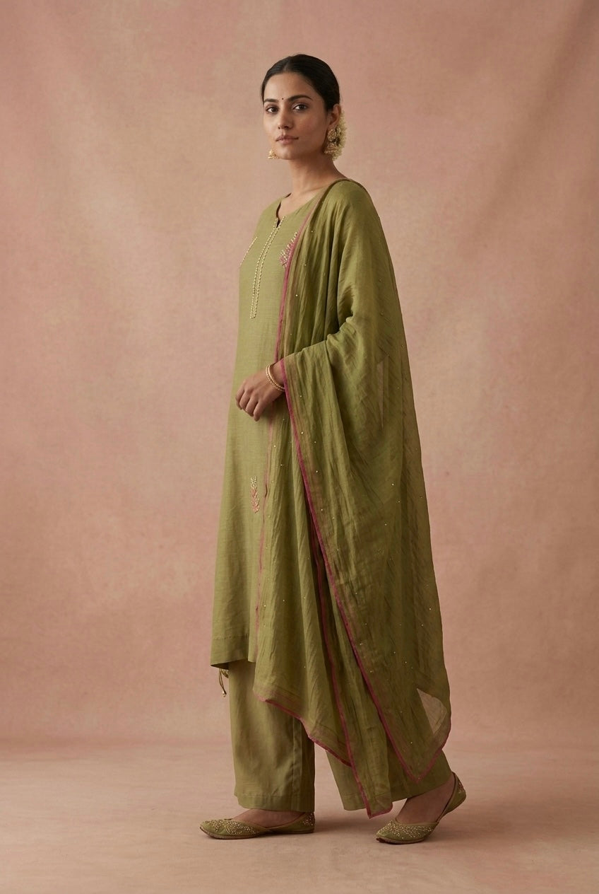 Olive Green Embellished Mul Chanderi A-Line Suit Set