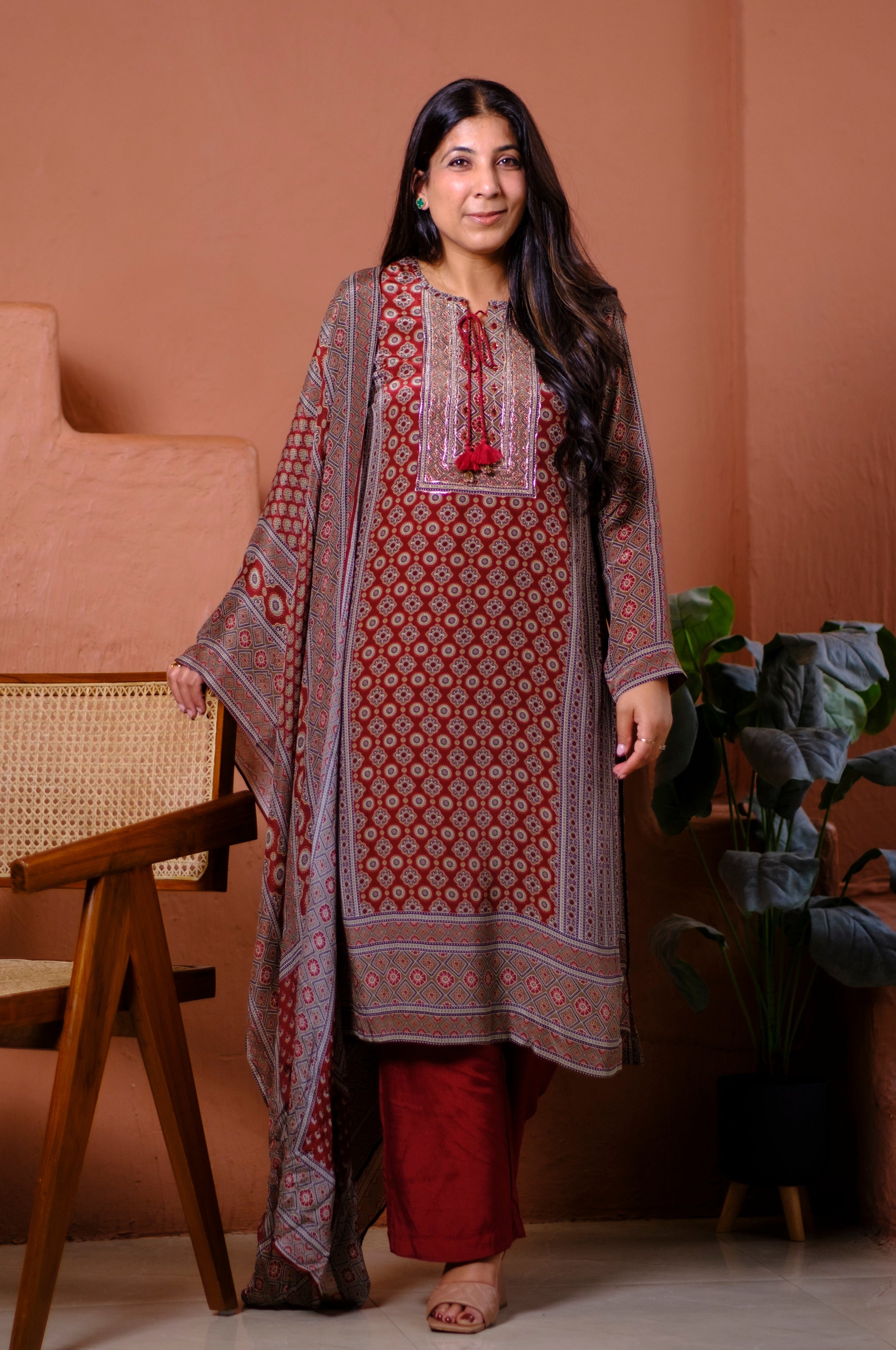 Rust Ajrakh Pure Crepe Suit Set | HER-634 x Navjeet Kaur
