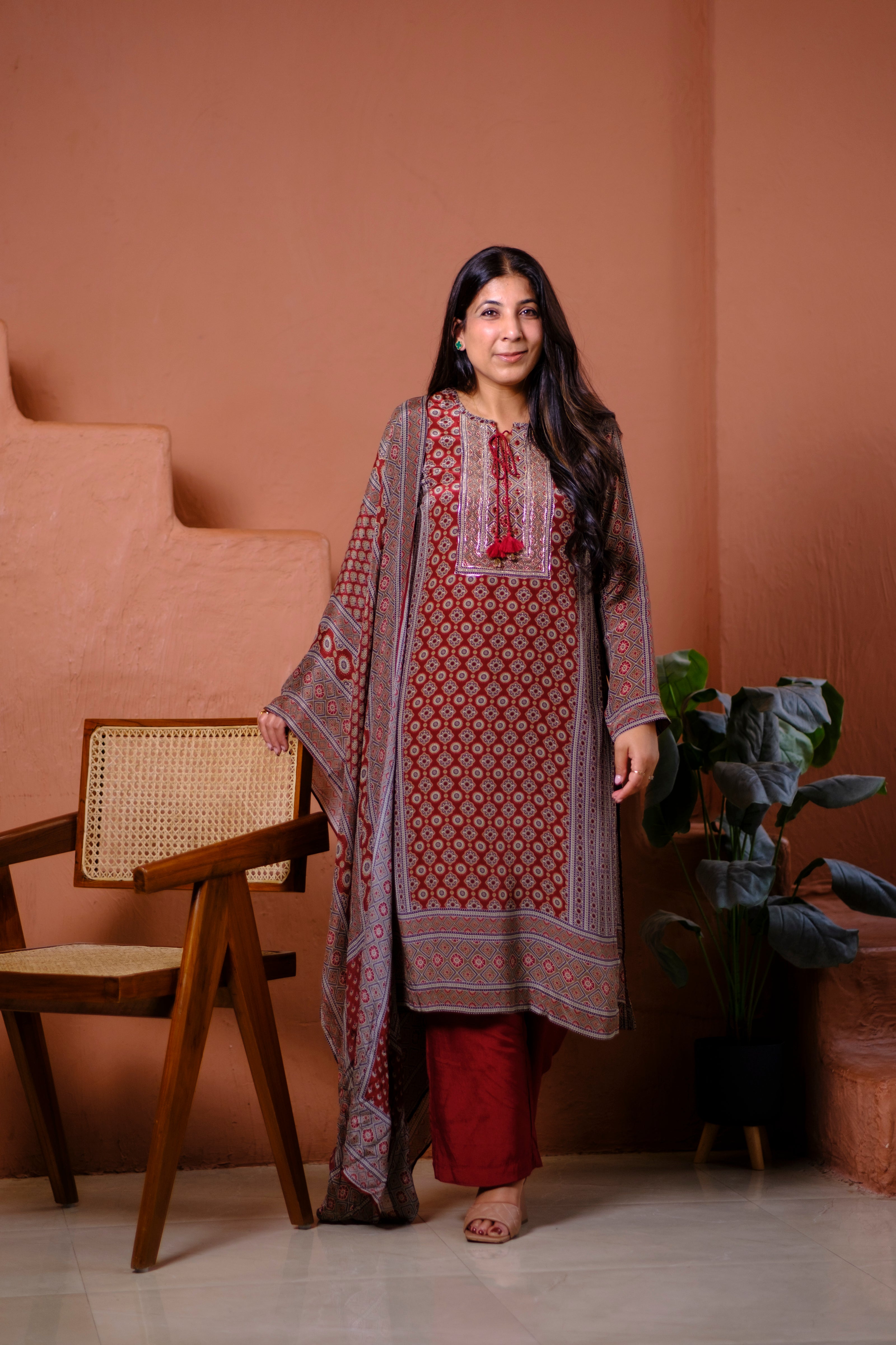 Rust Ajrakh Pure Crepe Suit Set | HER-634 x Navjeet Kaur