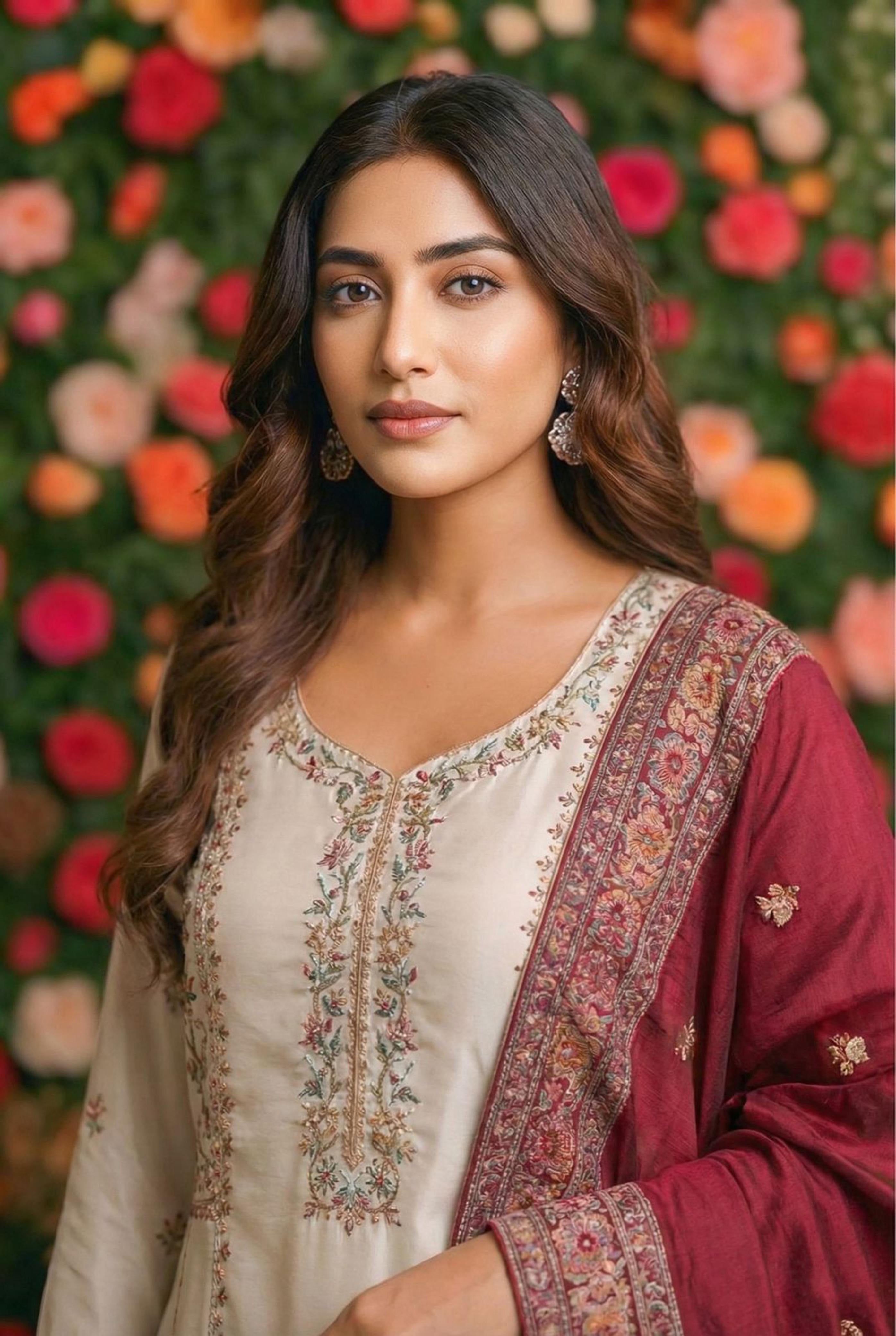 Arzoo Ivory Chanderi Embroidered Suit Set with Maroon Banarasi Dupatta | HER-551