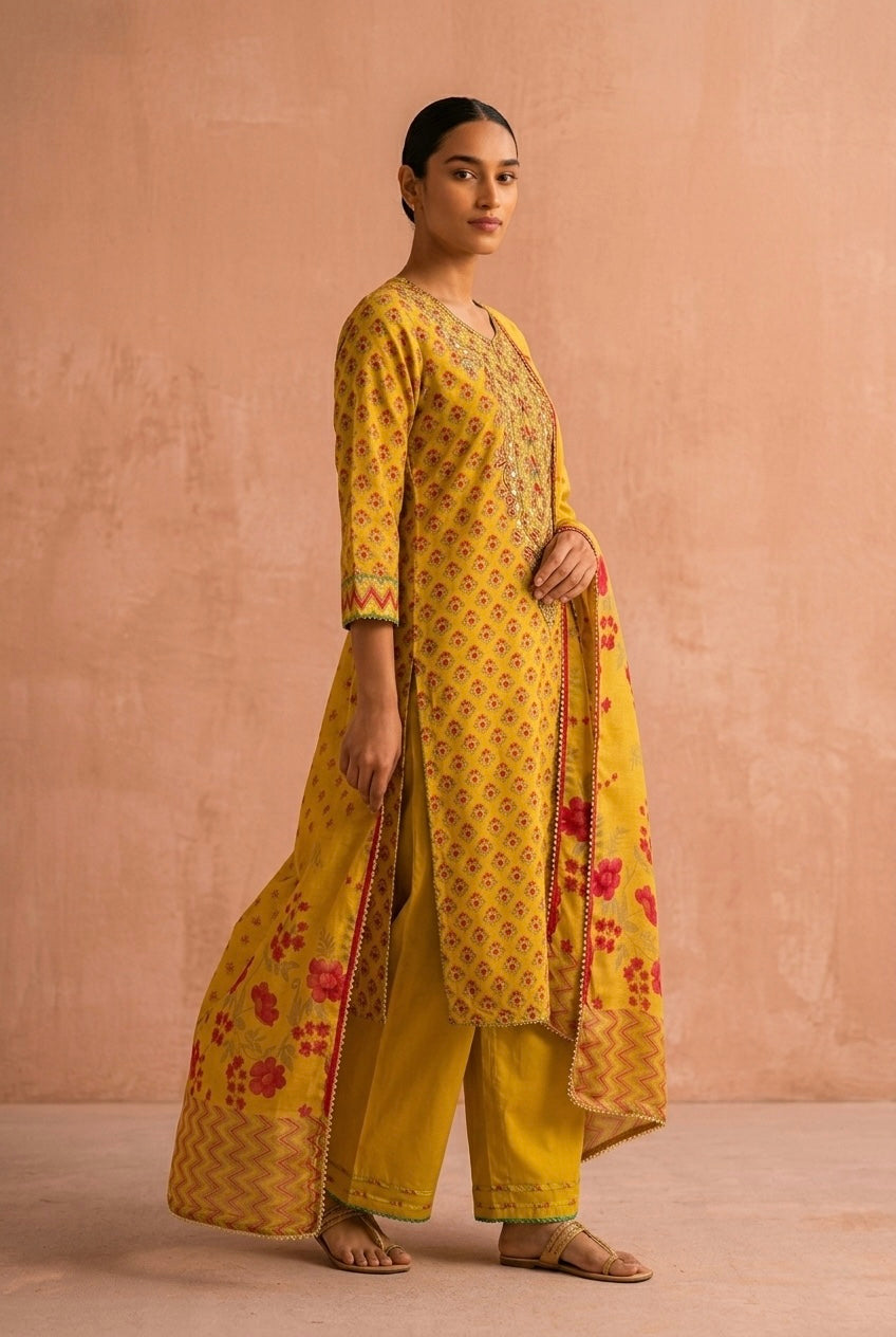 Sunshine Yellow Floral Chanderi Silk Suit Set | HER-636