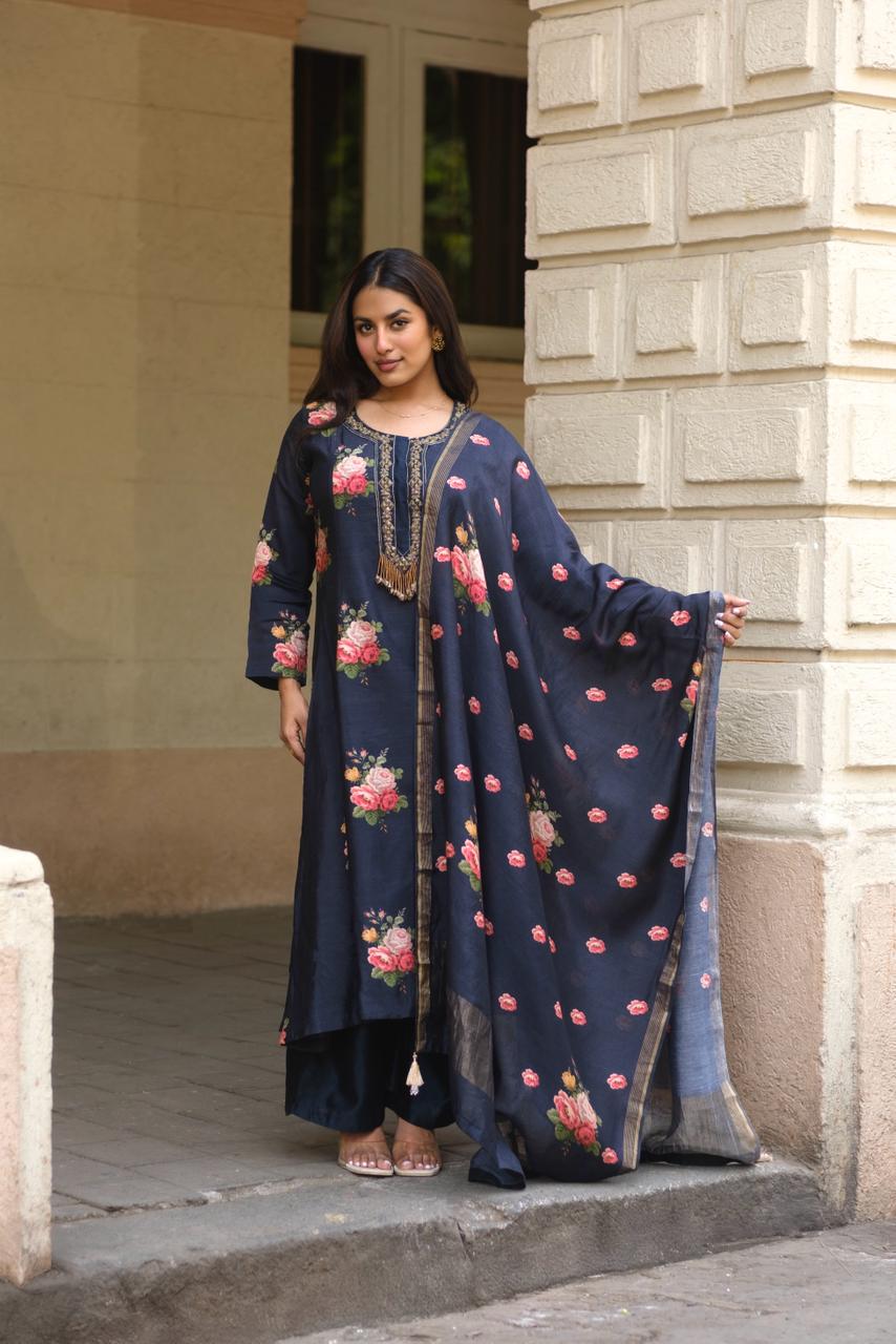 Twilight Black Floral Chanderi A-Line Suit Set x Celina | HER-607