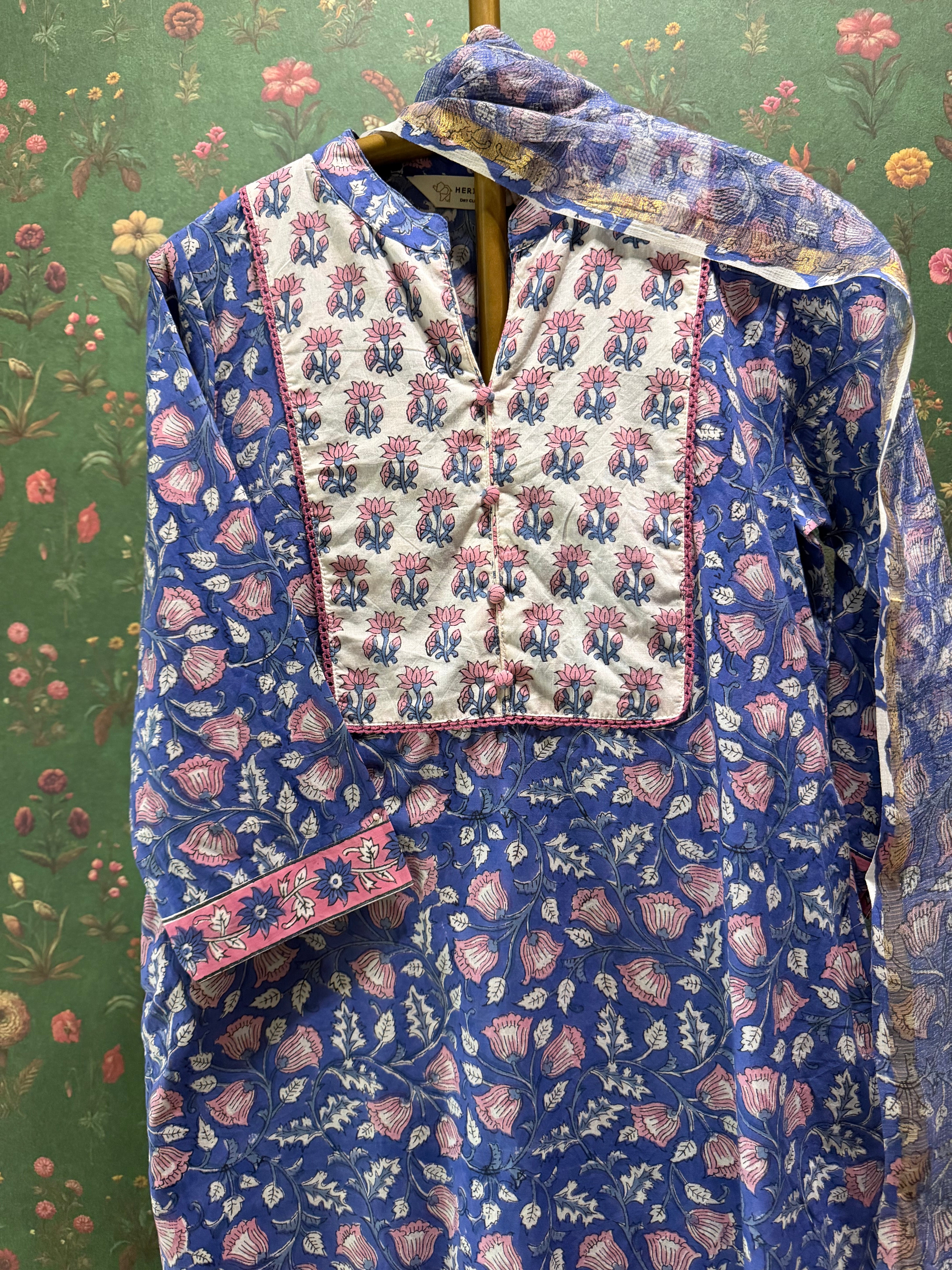 Blue Floral Printed Cotton Suit Set, with Kota Doria Dupatta | HER-753