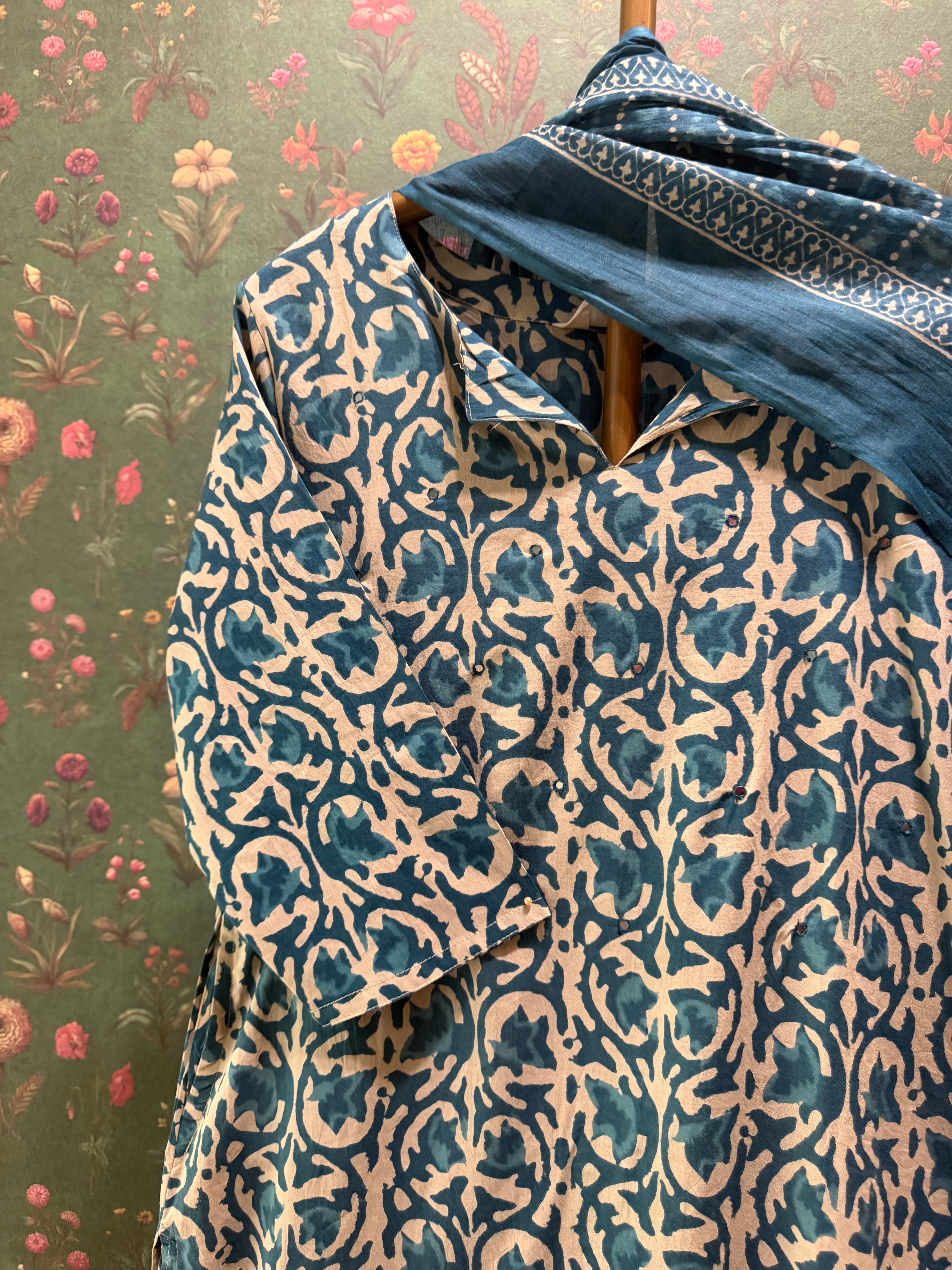 Blue Printed Cotton Suit Set | HER-732