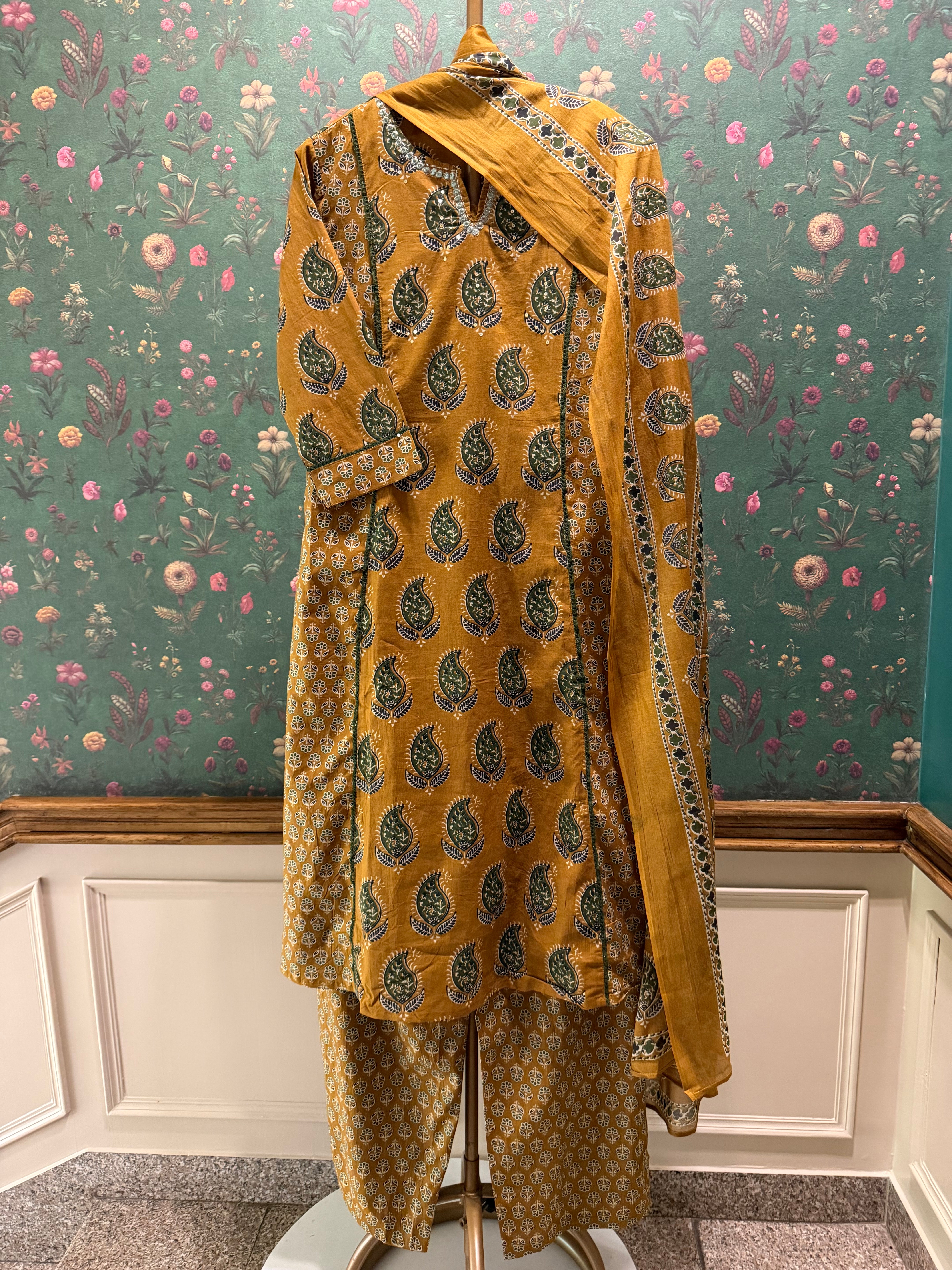 Mustard Yellow Printed A-Line Cotton Suit Set | HER-720