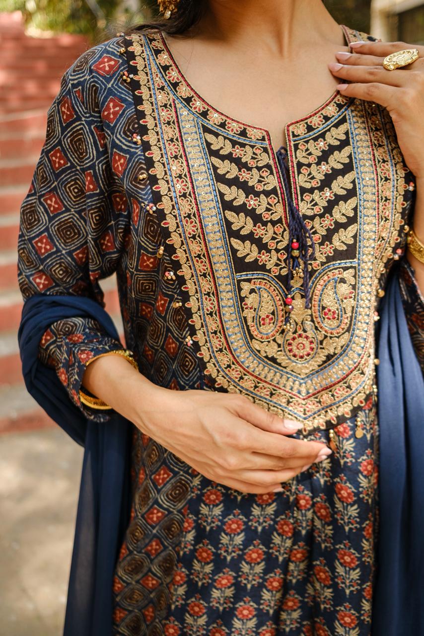 Blue Ajrakh A-Line Chanderi Silk Suit Set | HER-635 x Prachi