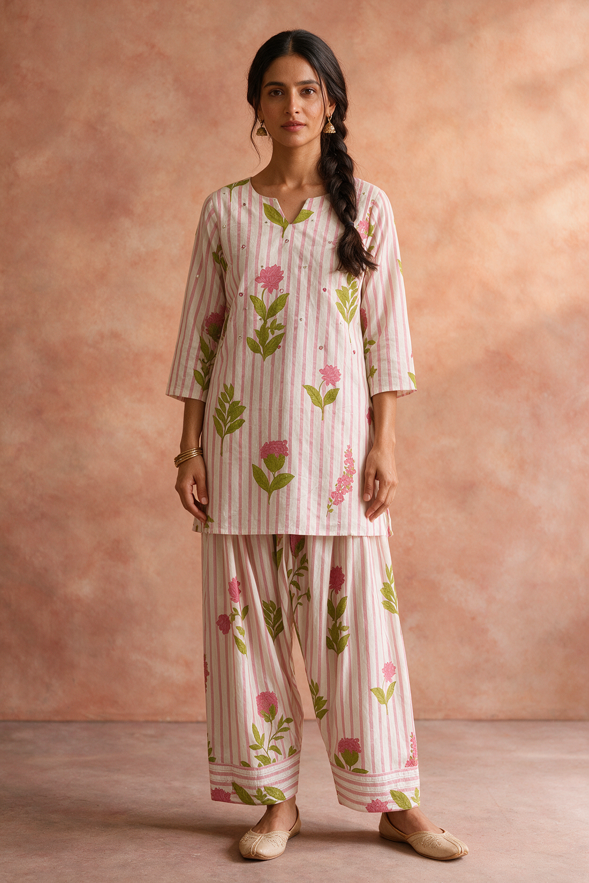 Pink Stripe Floral Kurta Set