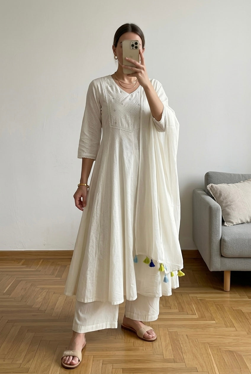 Ivory White A-Line Cotton Suit Set | HER-685