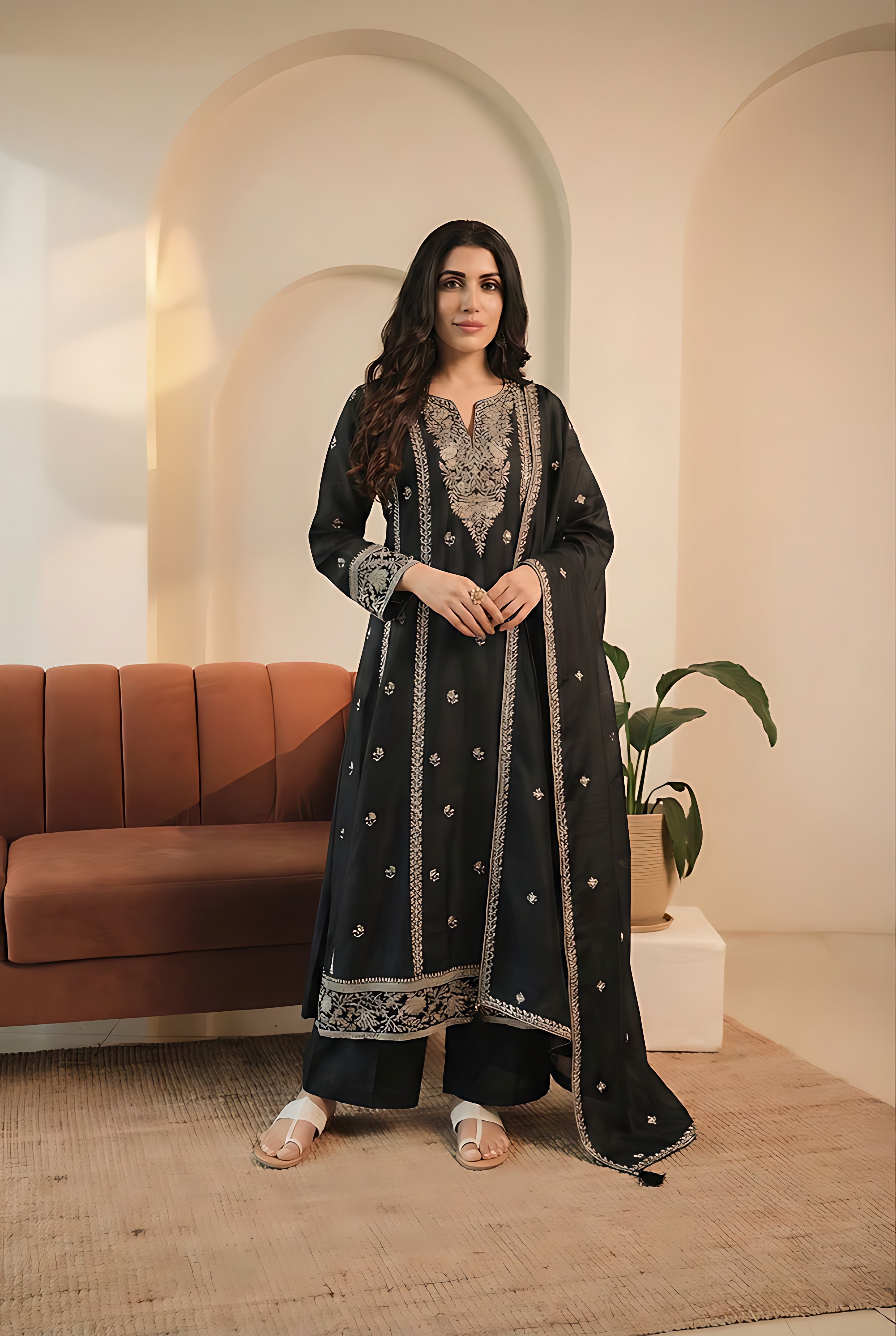 Black Handcrafted Embroidered Suit Set | HER-564