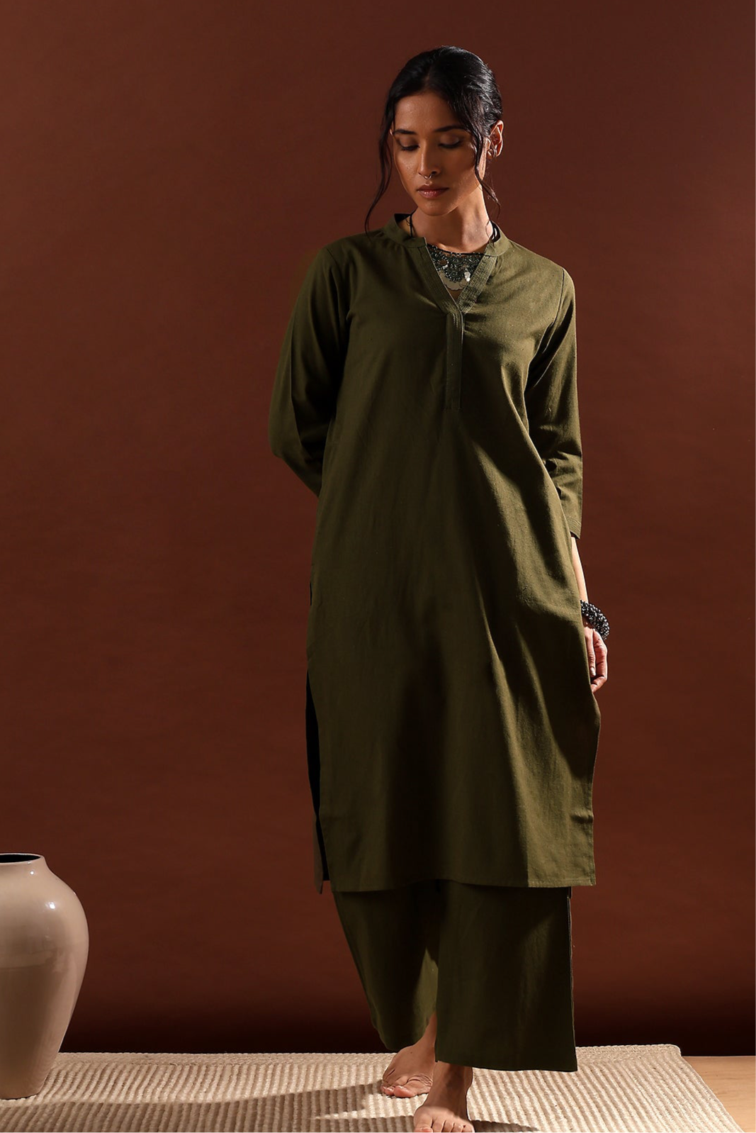 Olive Minimal Kurta/Co-ord Set | HER-527