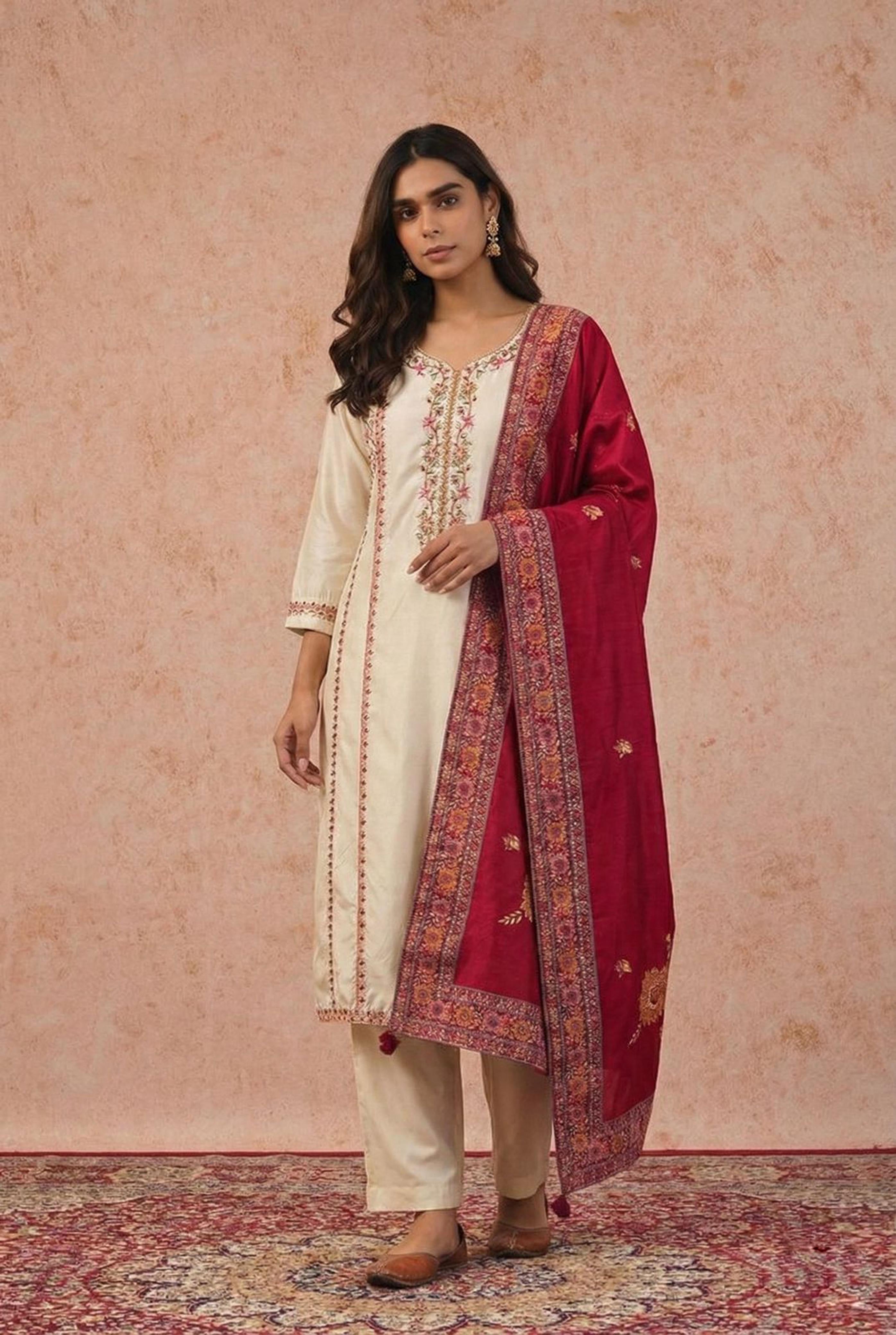 Arzoo Ivory Chanderi Embroidered Suit Set with Magenta Pink Banarasi Dupatta | HER-550
