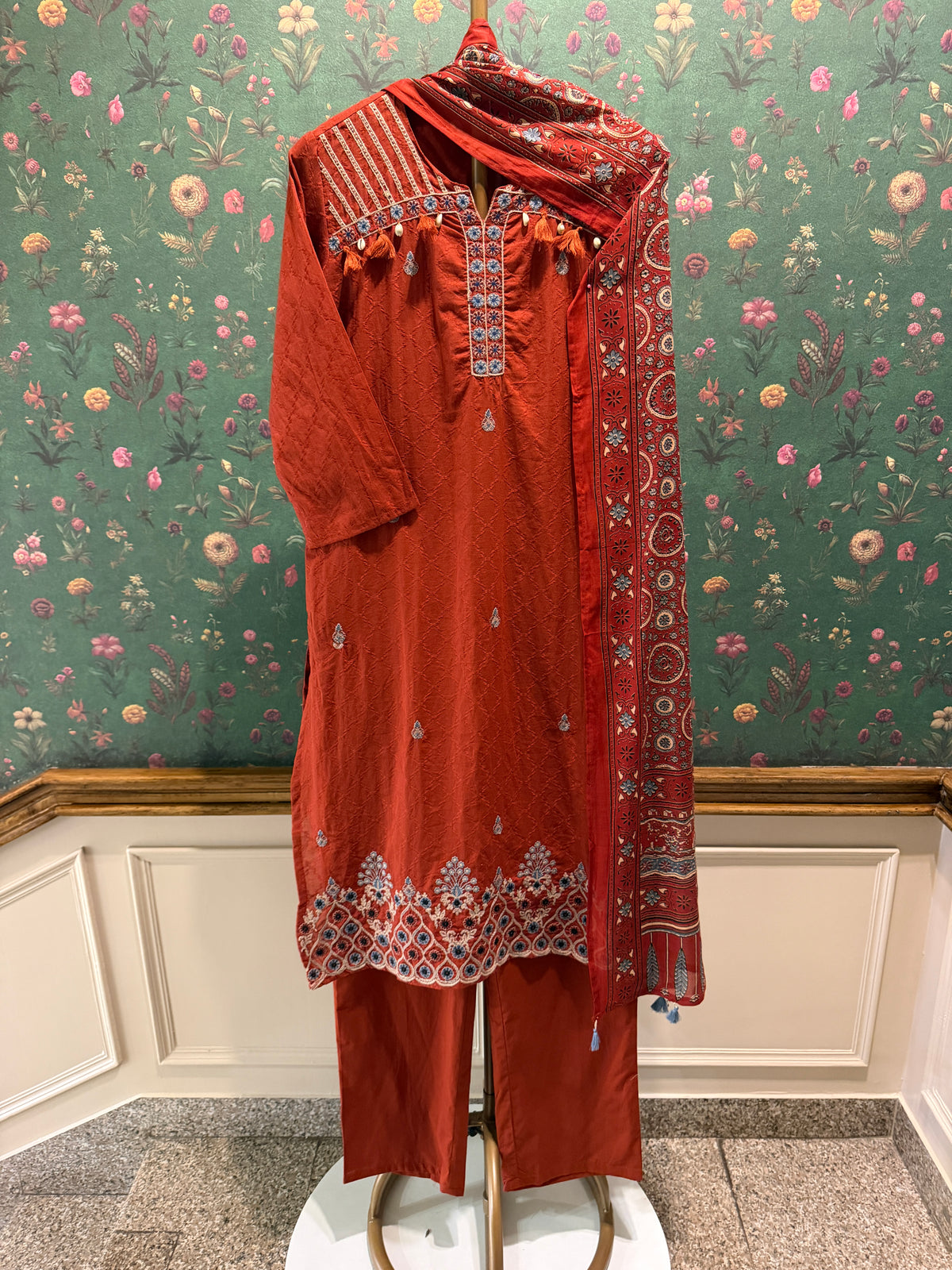 Rust Orange Embroidered Pure Cotton Suit Set