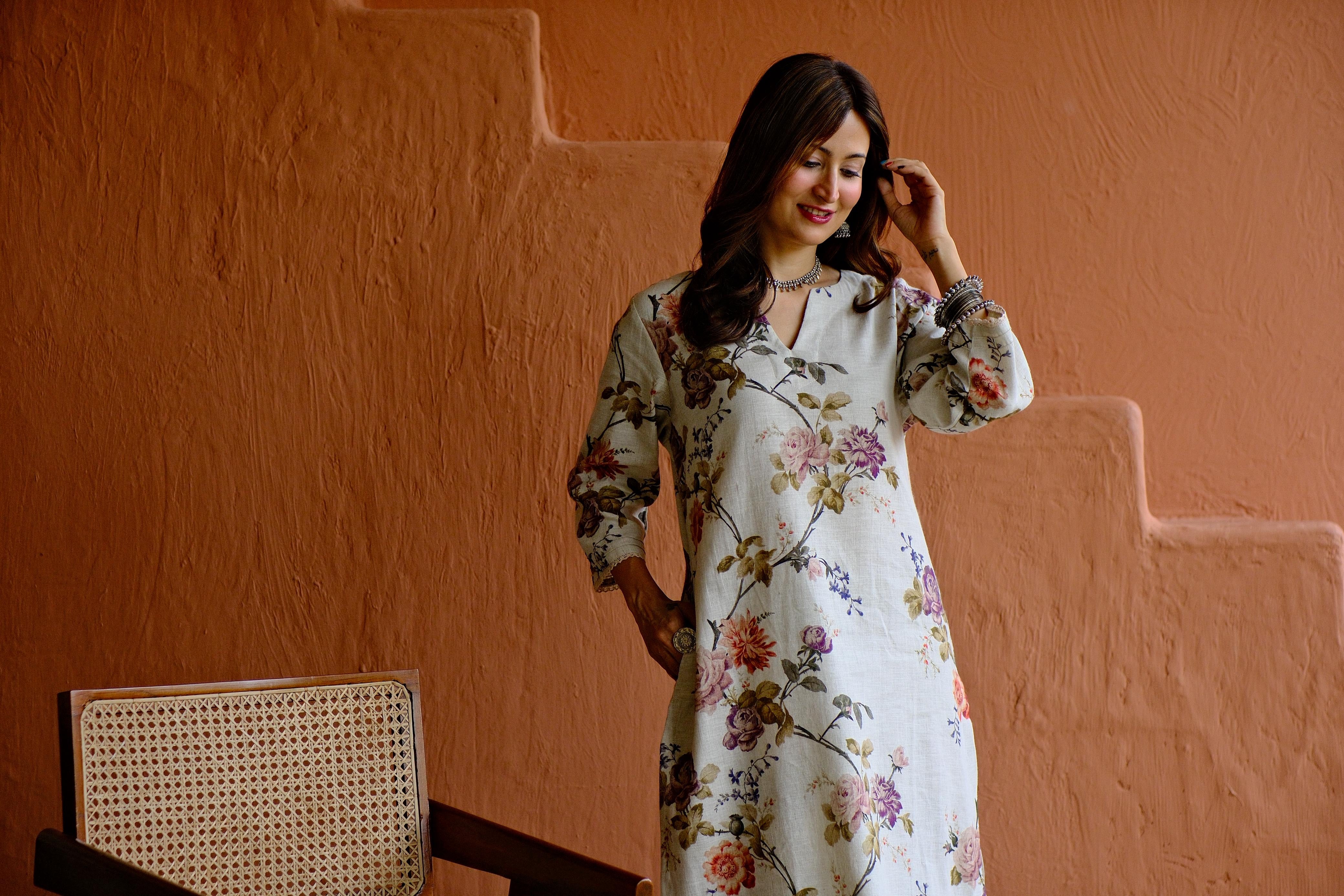 Rosalie Bloom Pure Linen Co-ord/Kurta Set | HER-465