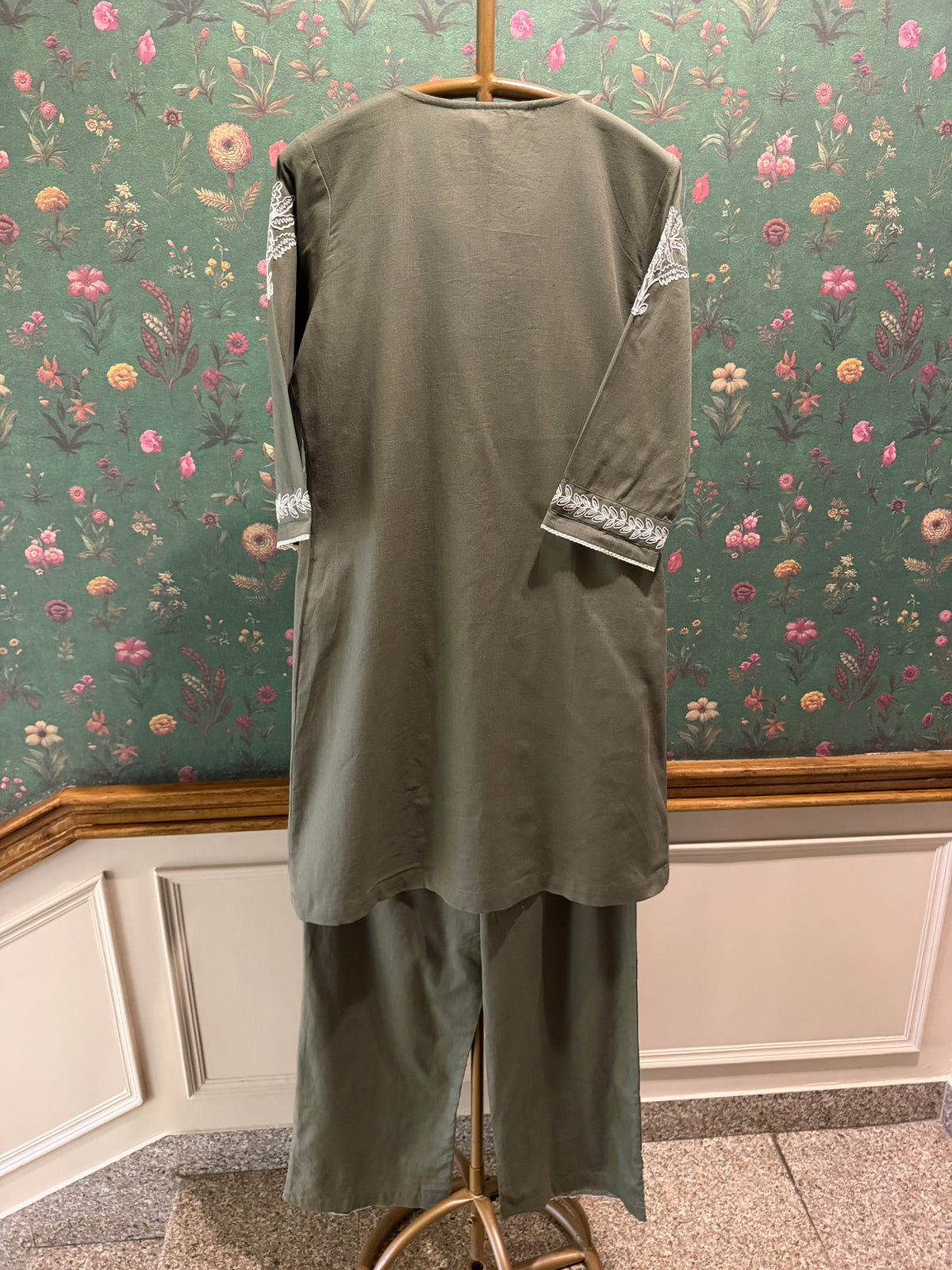 Olive Green Pleated Embroidered Kurta Set