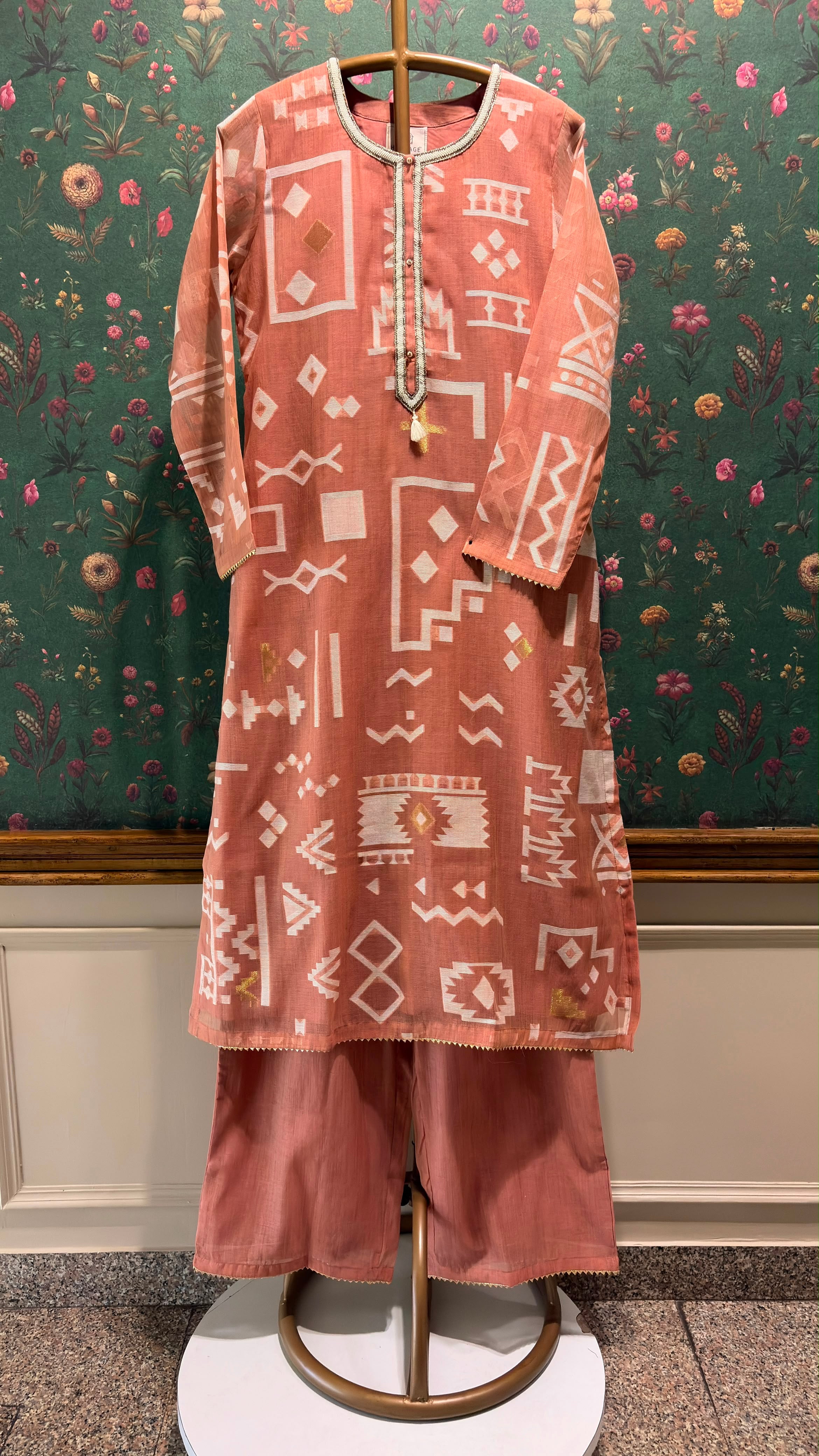 Coral Ikat-Inspired Chanderi Suit Set