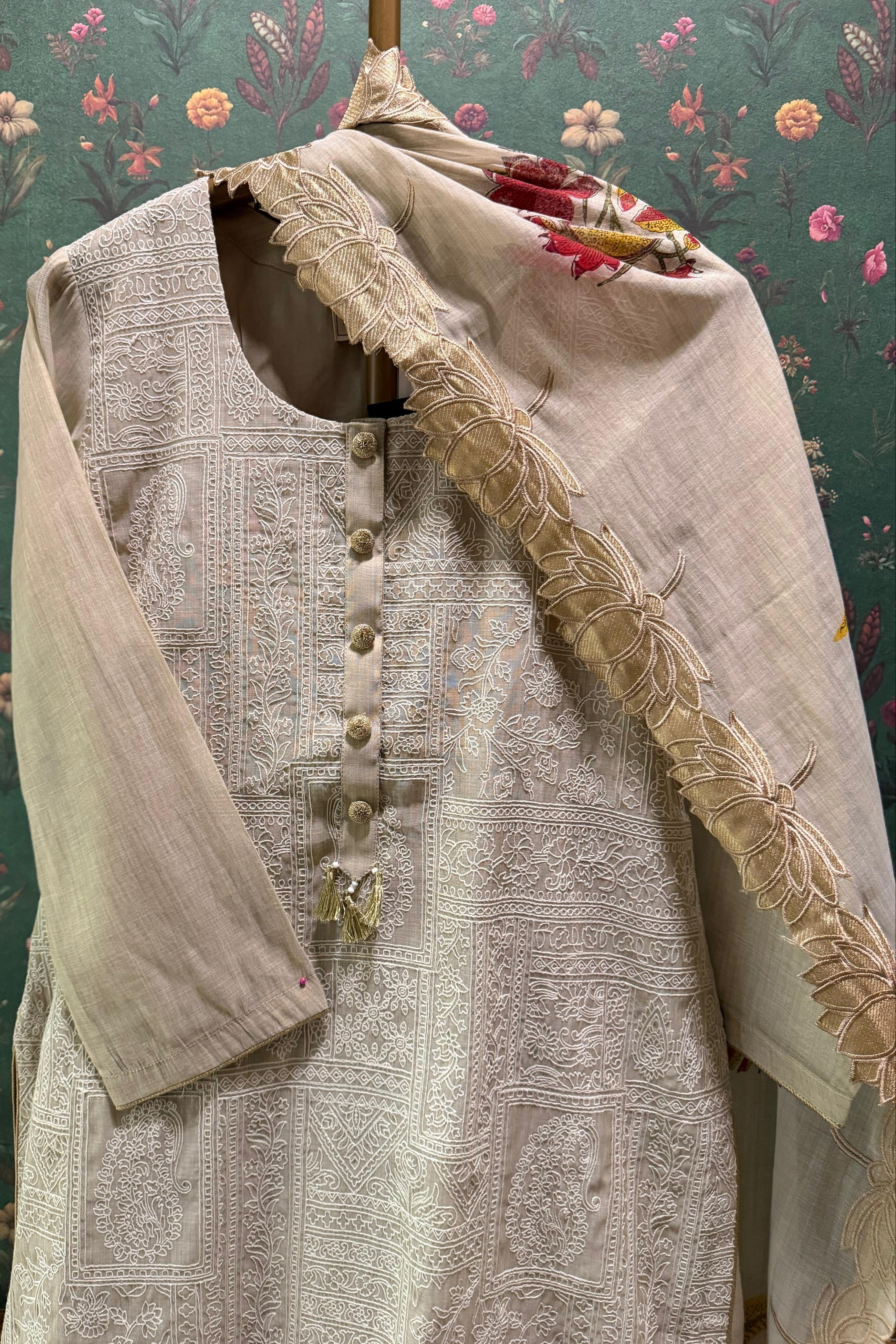 Warm Ivory Gulbahar Chanderi Suit Set | HER-609
