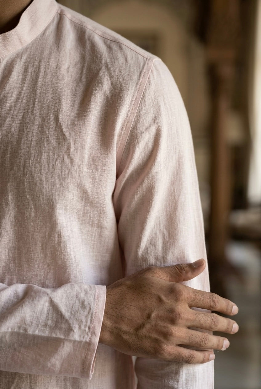 Men’s Pure Linen Kurta Pajama Set – Soft Blush Pink