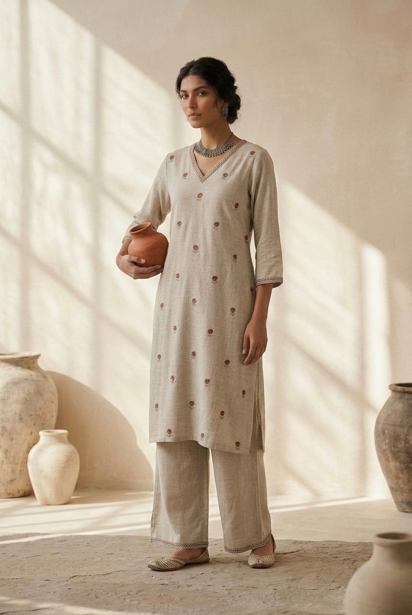 Ivory Saira Linen Kurta Set | HER-646