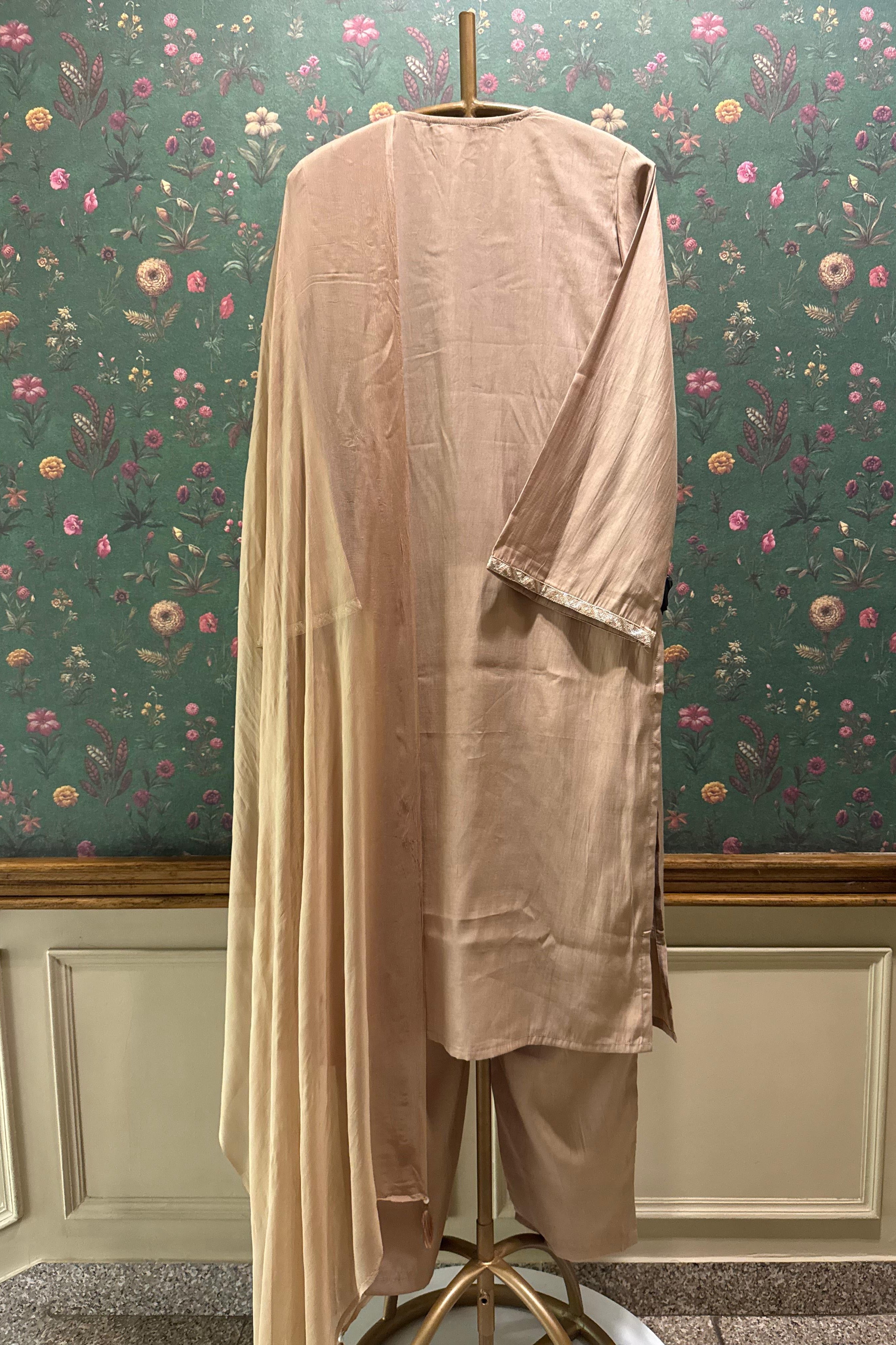 Saanjh Blush Nude Modal Silk Embroidered Suit Set | HER-554