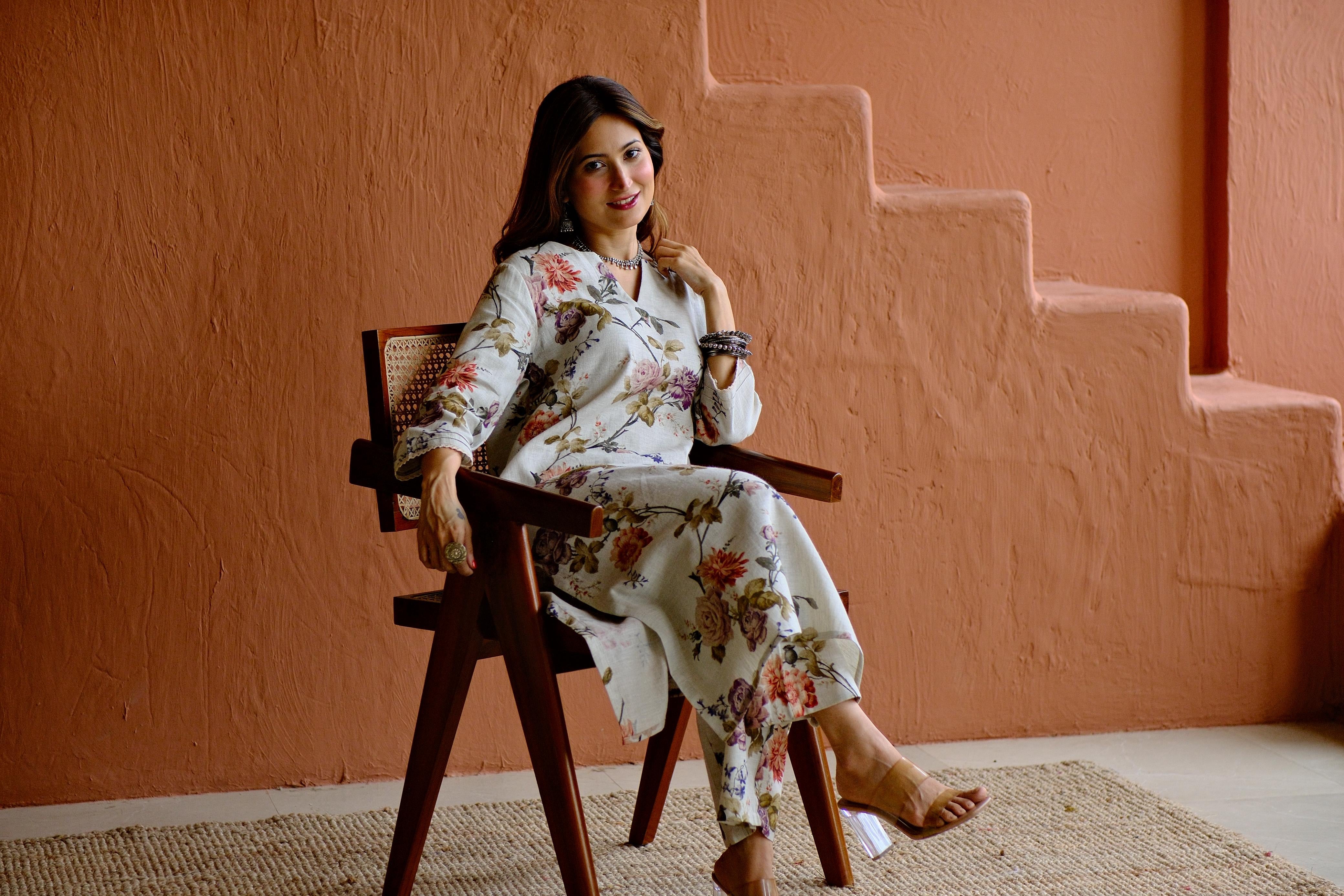 Rosalie Bloom Pure Linen Co-ord/Kurta Set | HER-465