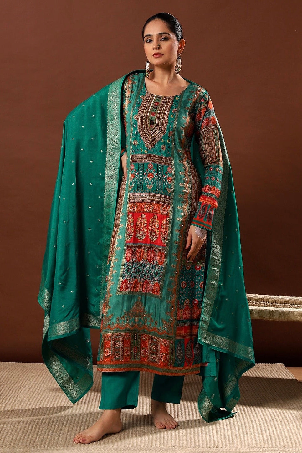 Emerald Green Dola Jacquard Suit Set | HER-482