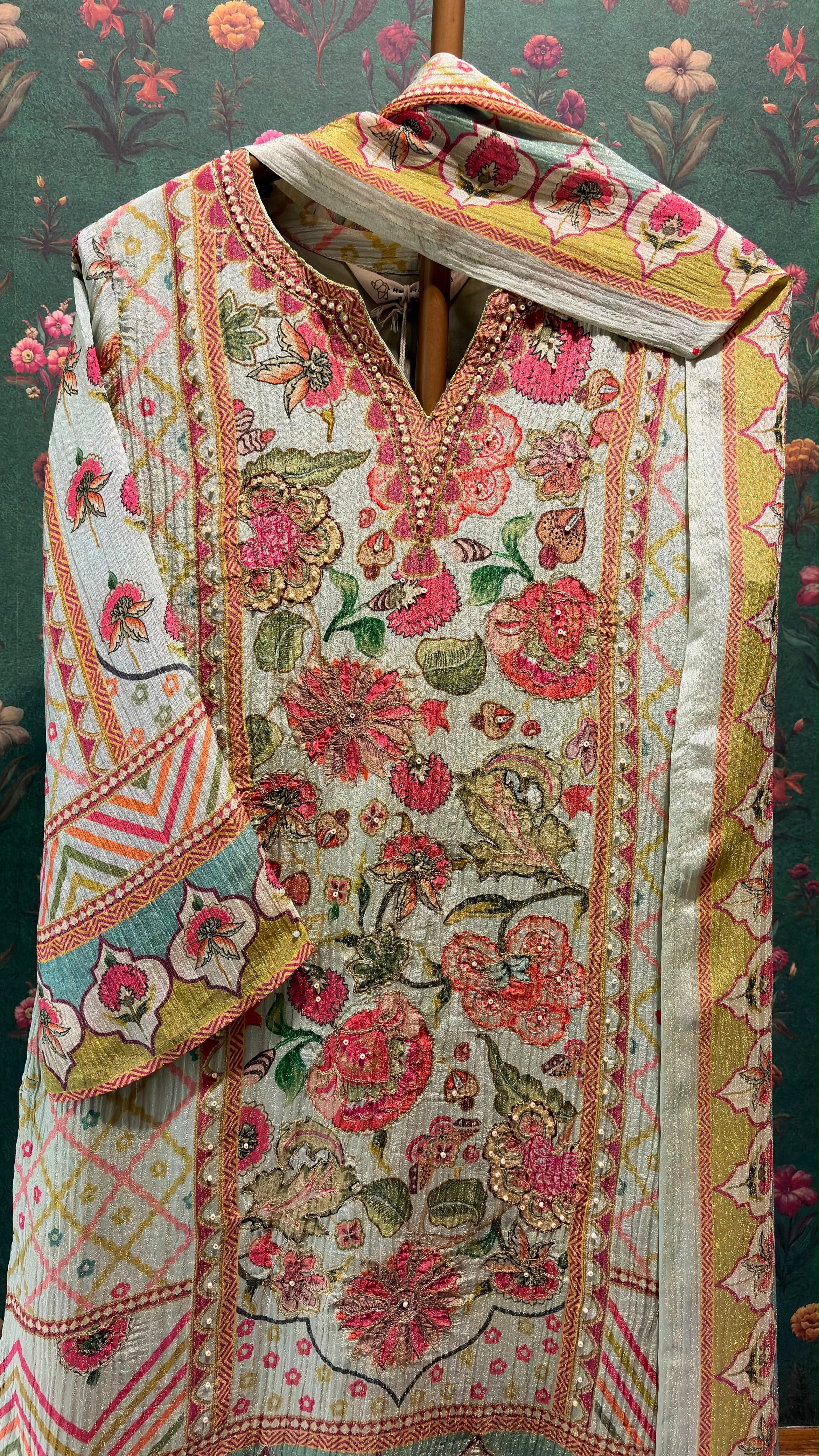 Pastel Green Crushed Tissue Floral Suit Set