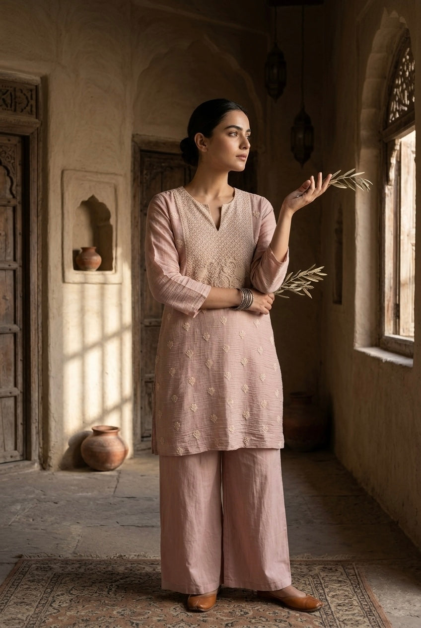 Pastel Pink Mul-Chanderi Kurta Set