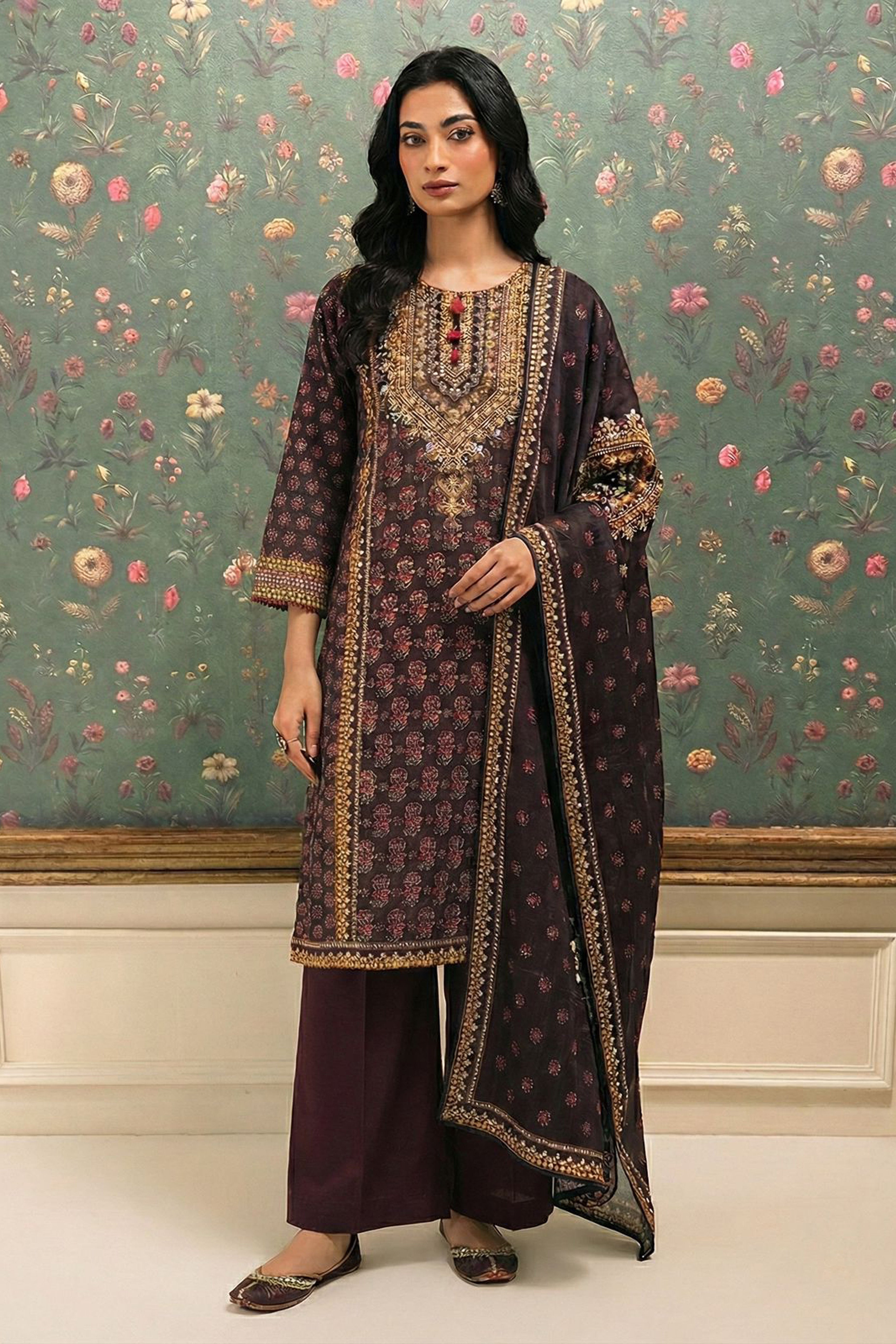 Dark Brown Mughal Motif Embellished Suit Set | HER-615