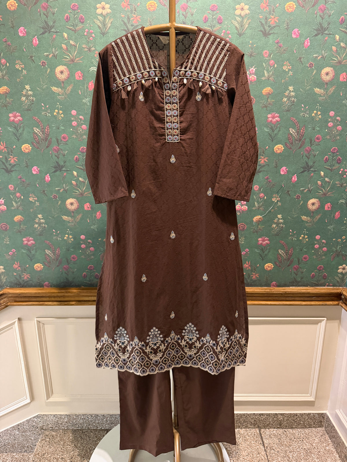 Chocolate Brown Embroidered Pure Cotton Suit Set