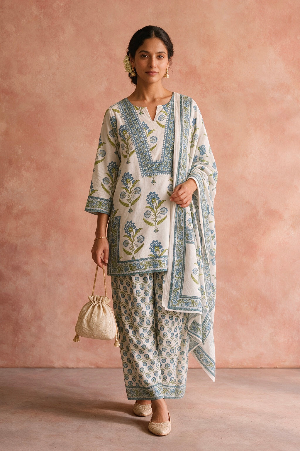Blue Floral Cotton Printed Farshi Salwar Suit Set