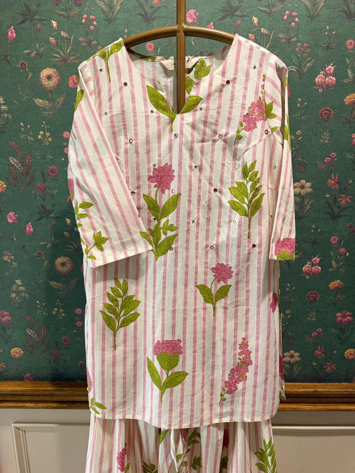 Pink Stripe Floral Kurta Set