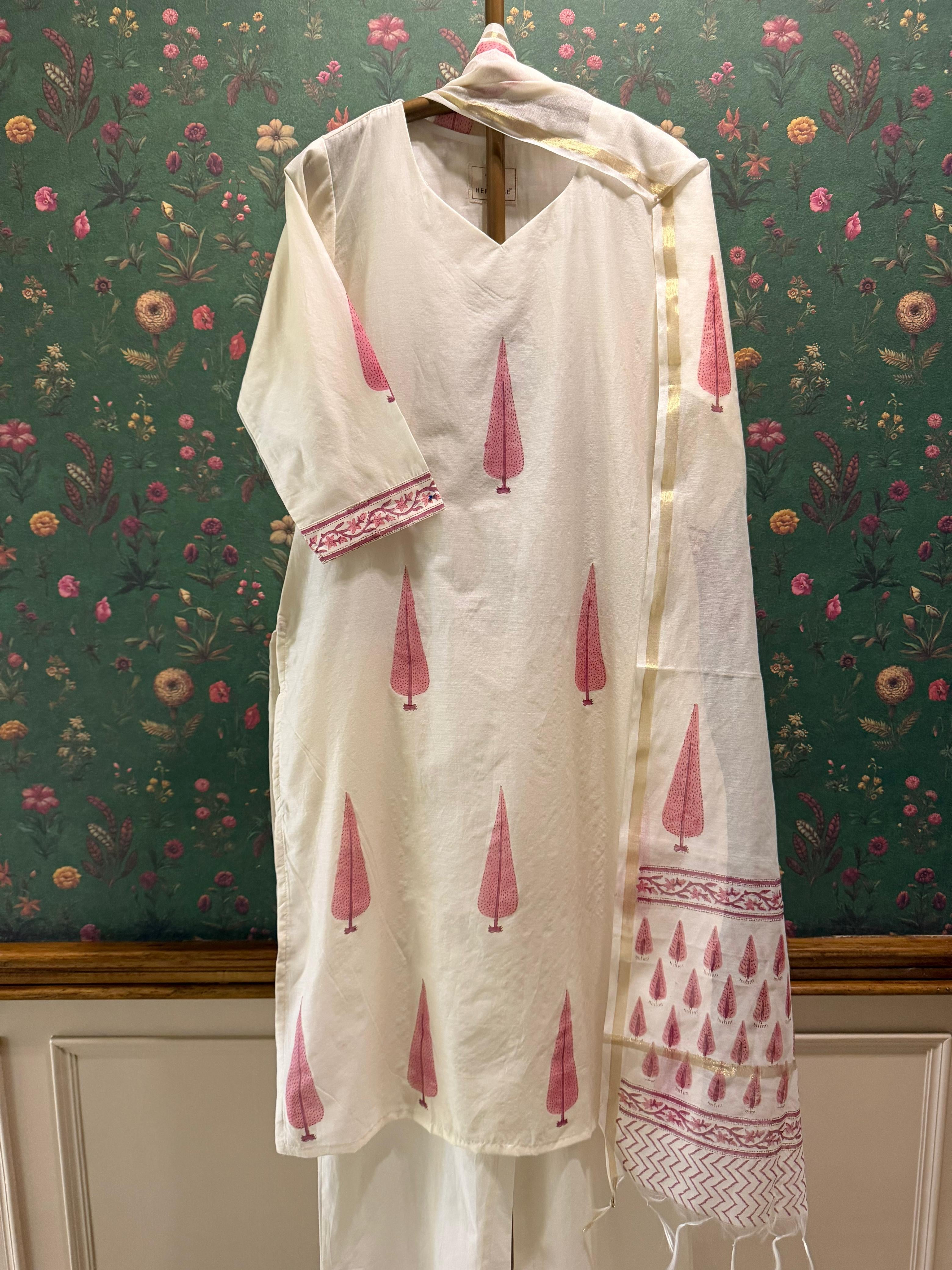 Ivory White & Rose Pink Printed Chanderi Suit Set | HER-760