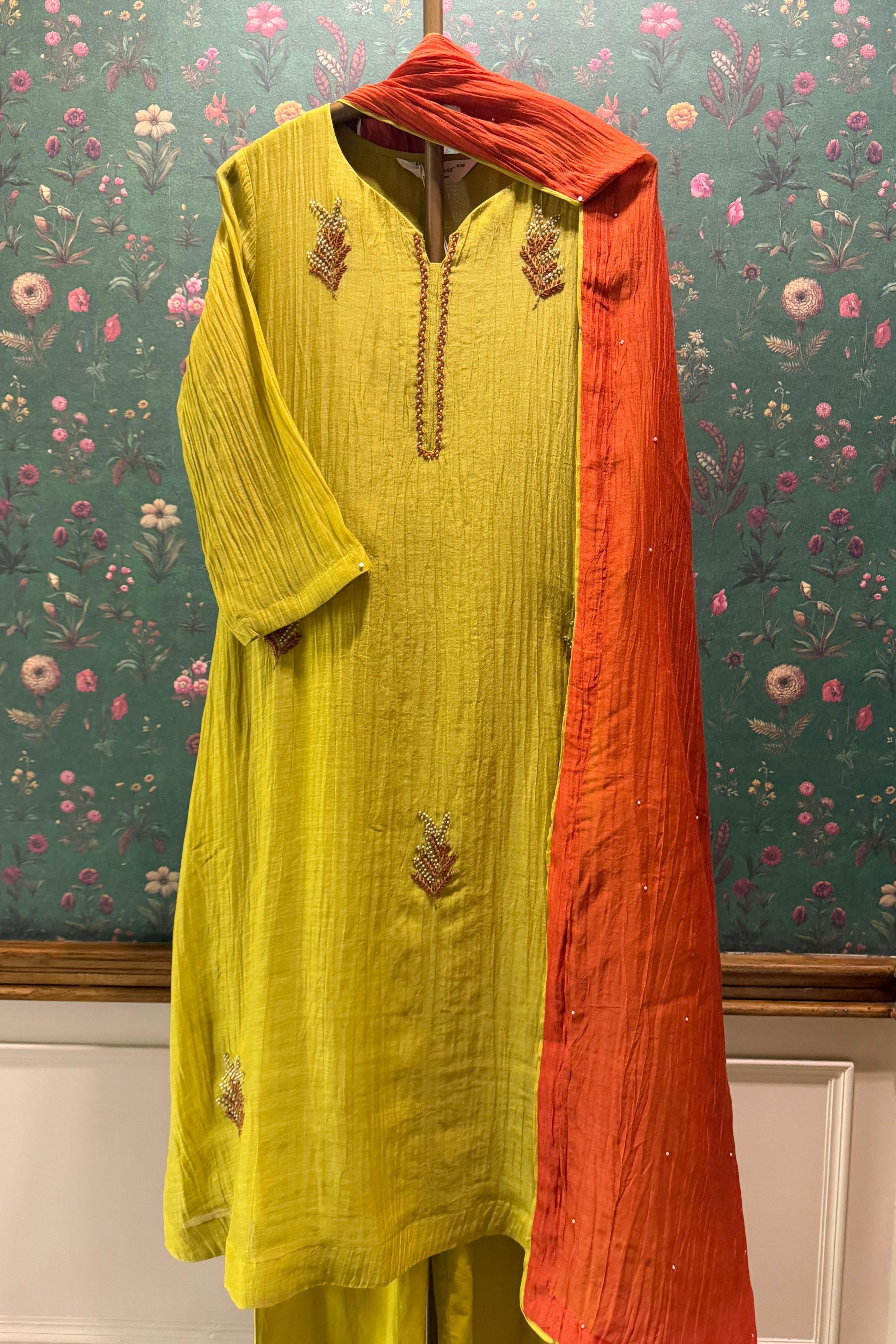 Vanyara Lime Green A-Line Mul Chanderi Suit Set | HER-625