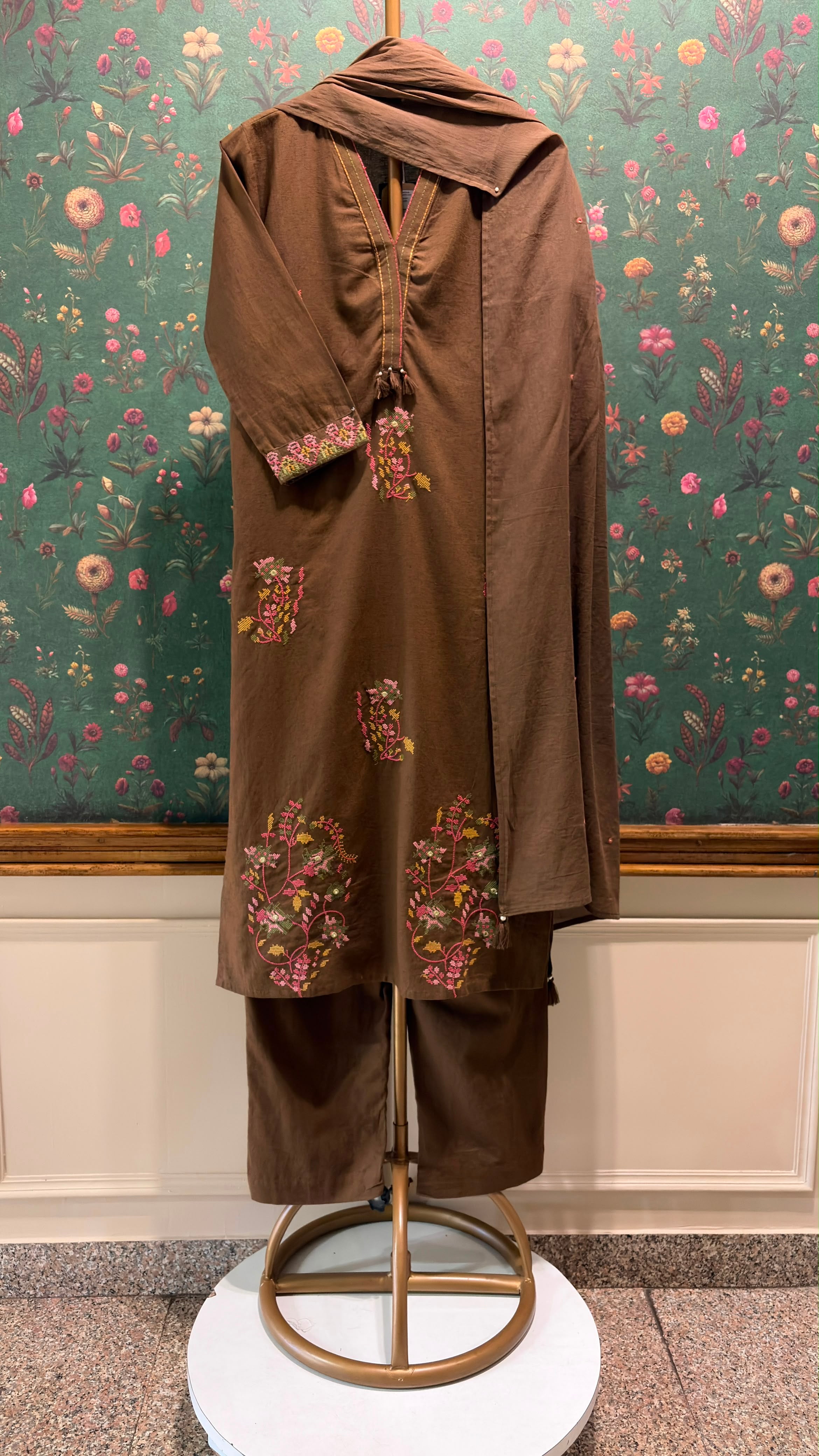 Cocoa Brown Embroidered Cotton Suit Set | HER-697