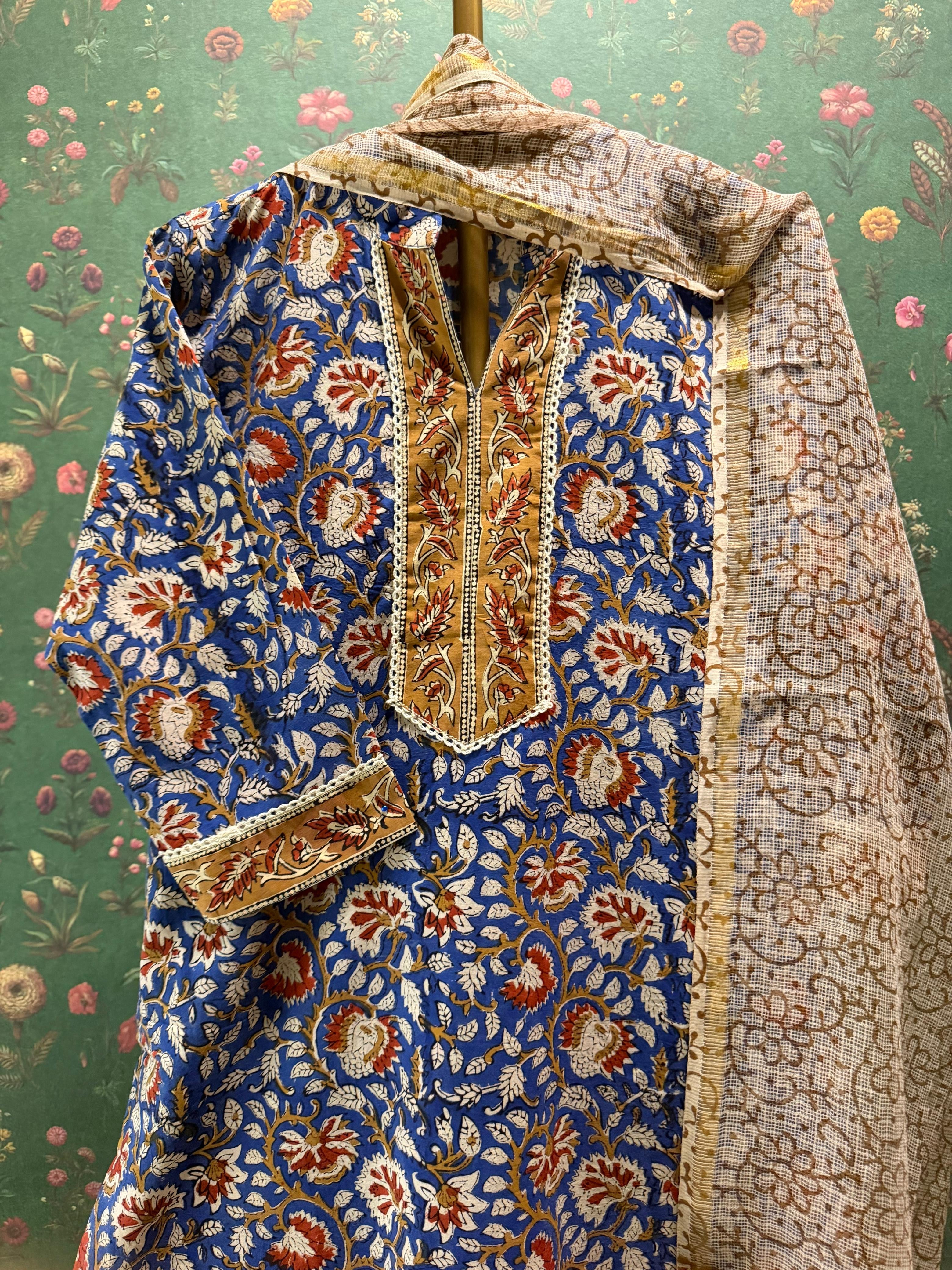 Royal Blue Floral Printed Cotton Suit Set, with Kota Doria Dupatta | HER-751