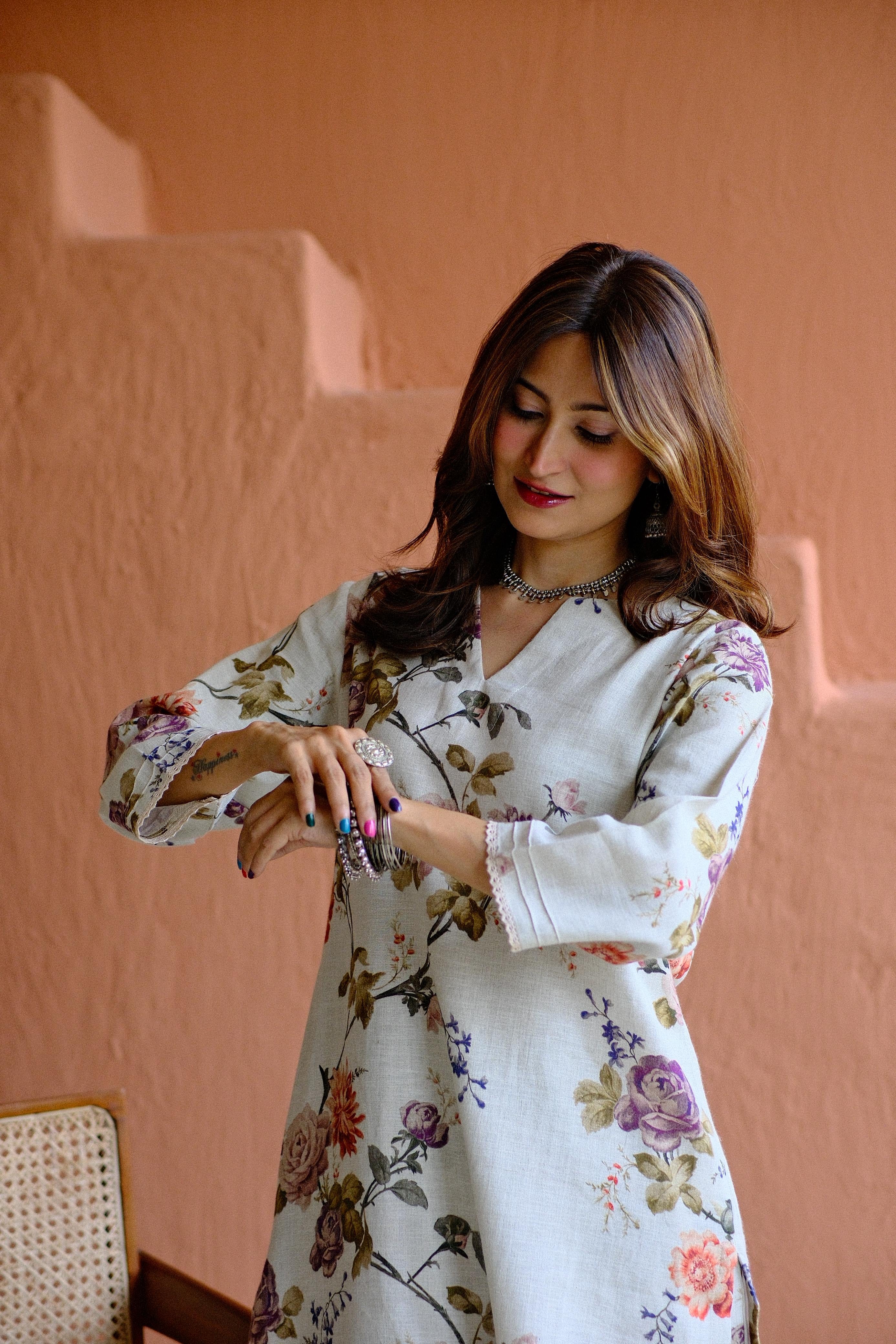 Rosalie Bloom Pure Linen Co-ord/Kurta Set | HER-465