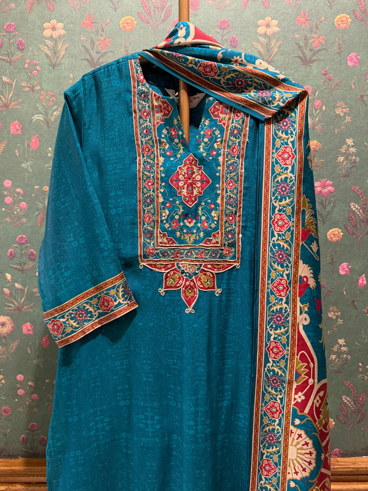 Teal Green Printed Soft Silk Suit Set