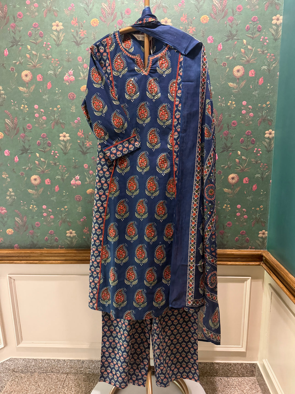 Indigo Blue Paisley Printed A-Line Cotton Suit Set | HER-720