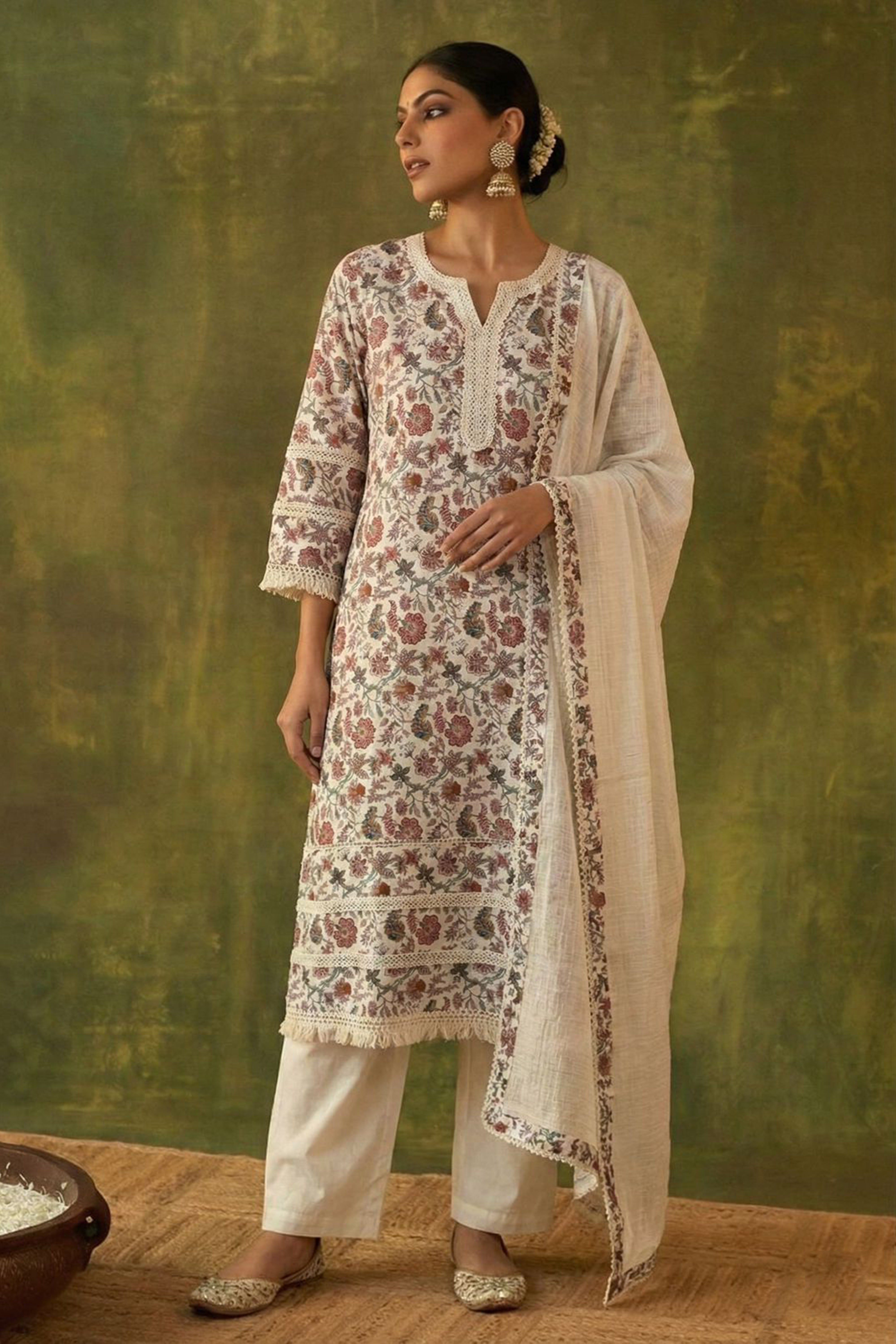 Earthy Floral Suit Set with Crochet Style Lace