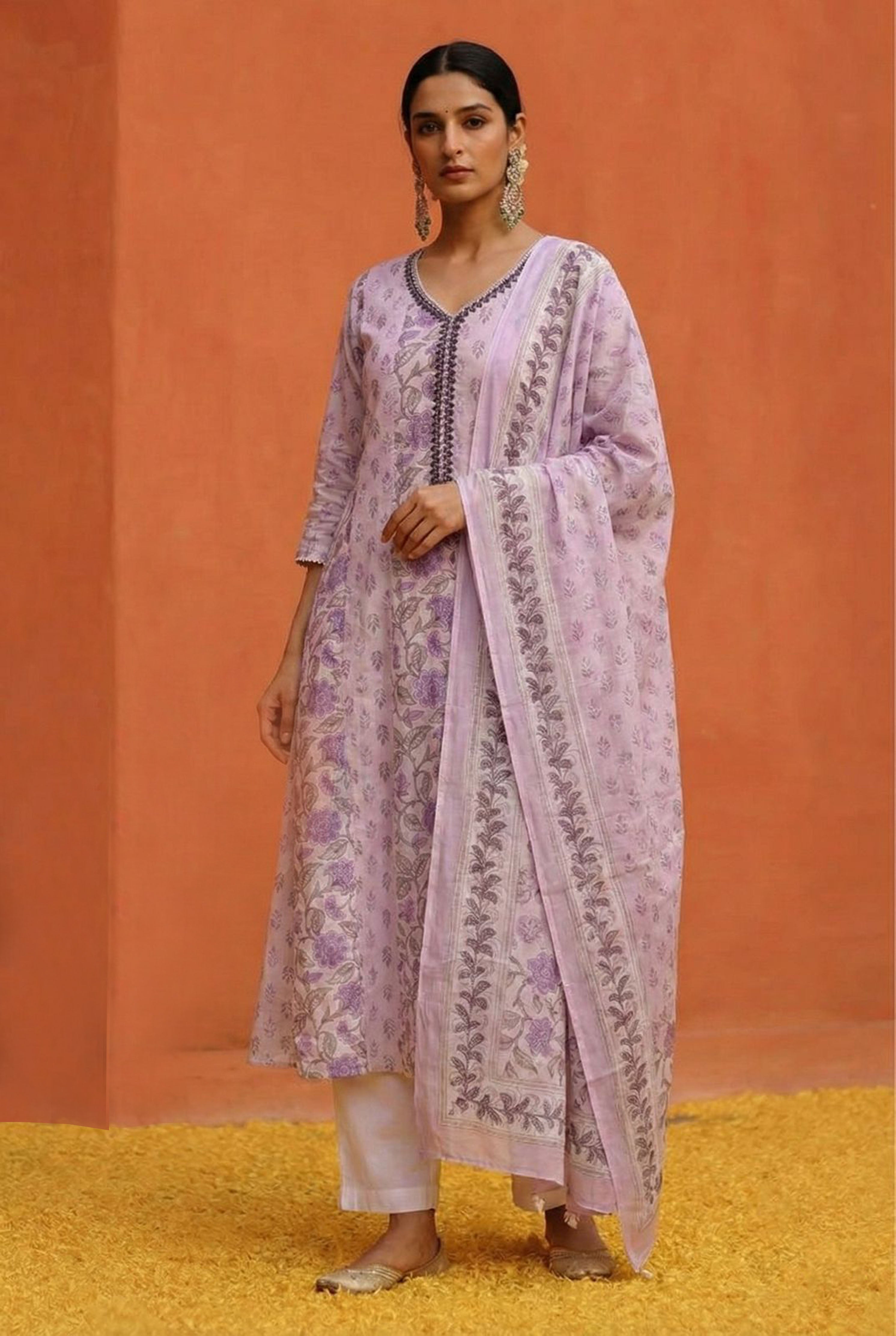 Lilac Cotton Anarkali Suit Set (With Pants and Dupatta)