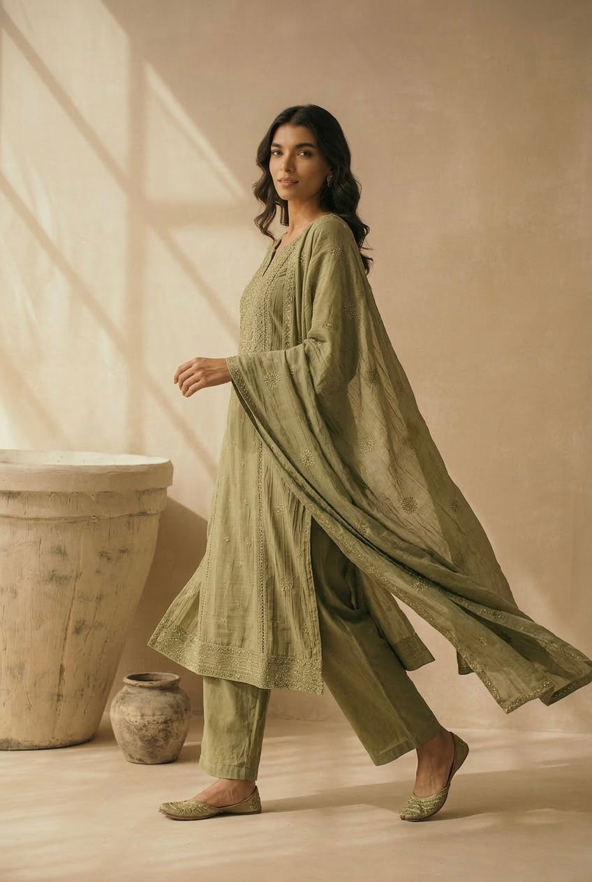 Antique Olive Green Noor Chikankari Suit Set | HER-620
