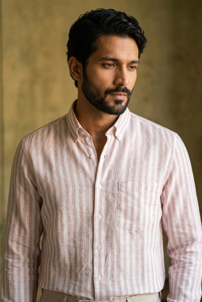 Men’s Blush Pink & White Striped Pure Linen Full Sleeves Shirt